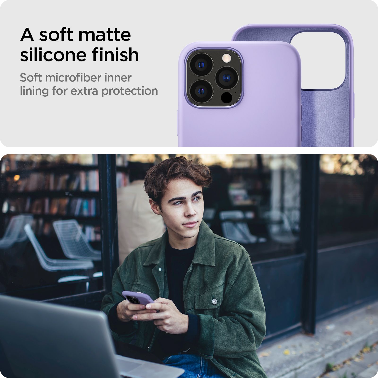 spigen Silicone Fit Soft Silicone Back Cover for Apple iPhone 13 Pro Max (Air Cushion Technology, Iris Purple)_14