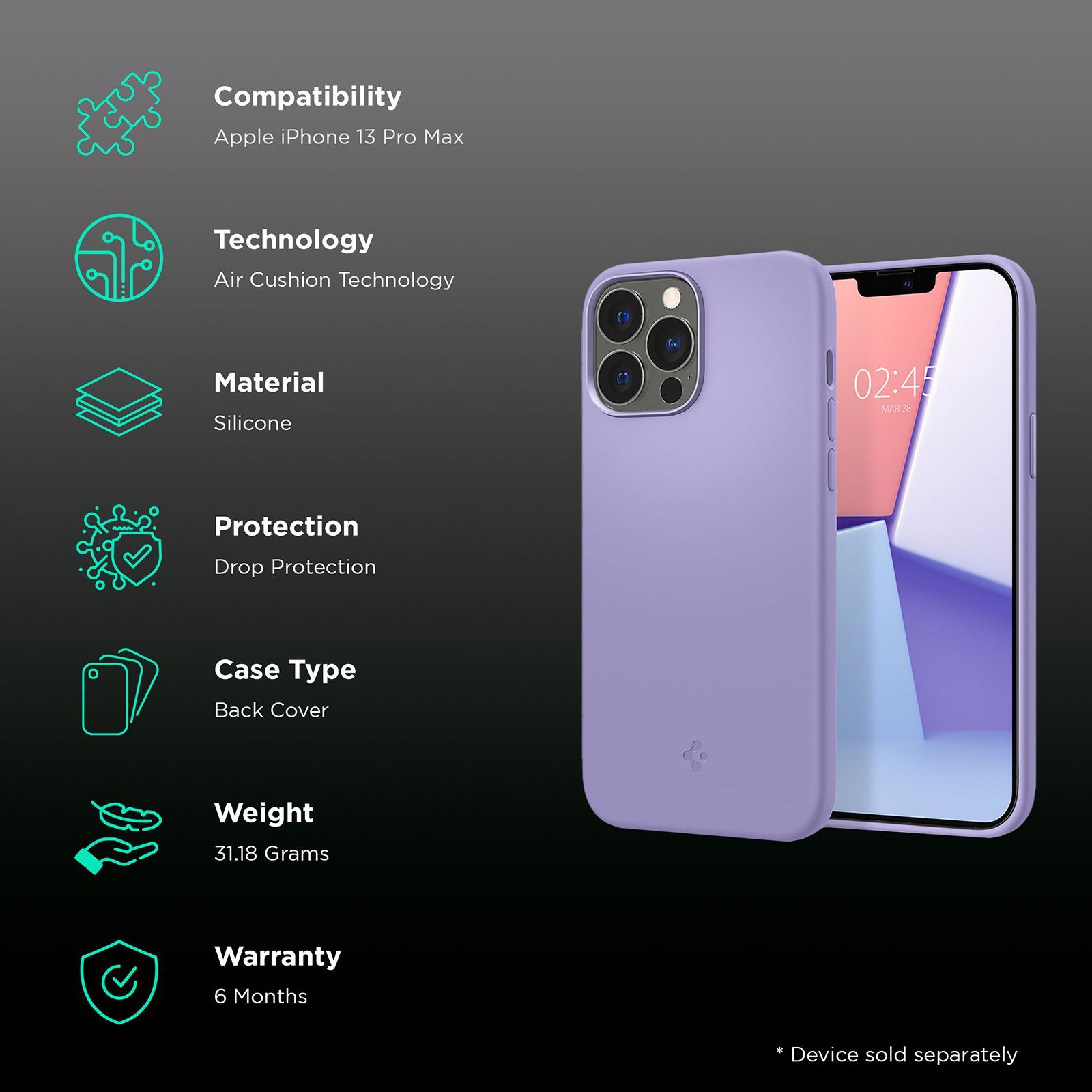 spigen Silicone Fit Soft Silicone Back Cover for Apple iPhone 13 Pro Max (Air Cushion Technology, Iris Purple)_2