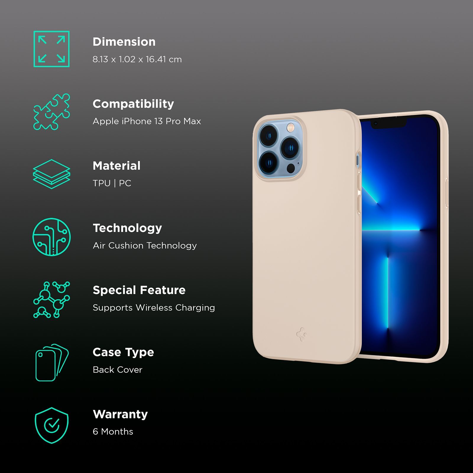 spigen Thin Fit TPU & Polycarbonate Back Cover for Apple iPhone 13 Pro Max (Wireless Charging Compatible, Sand Beige)_2