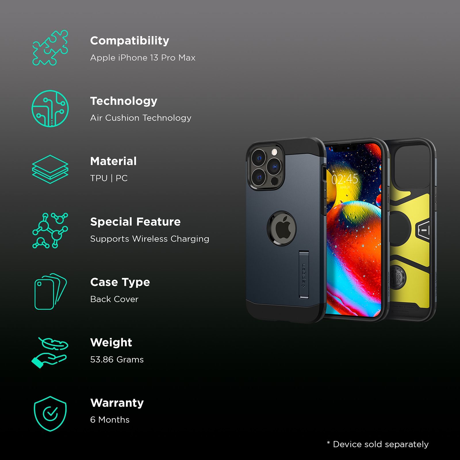 spigen Tough Armor TPU & Polycarbonate Back Case with Stand for Apple iPhone 13 Pro Max (Wireless Charging Compatible, Metal Slate)_2