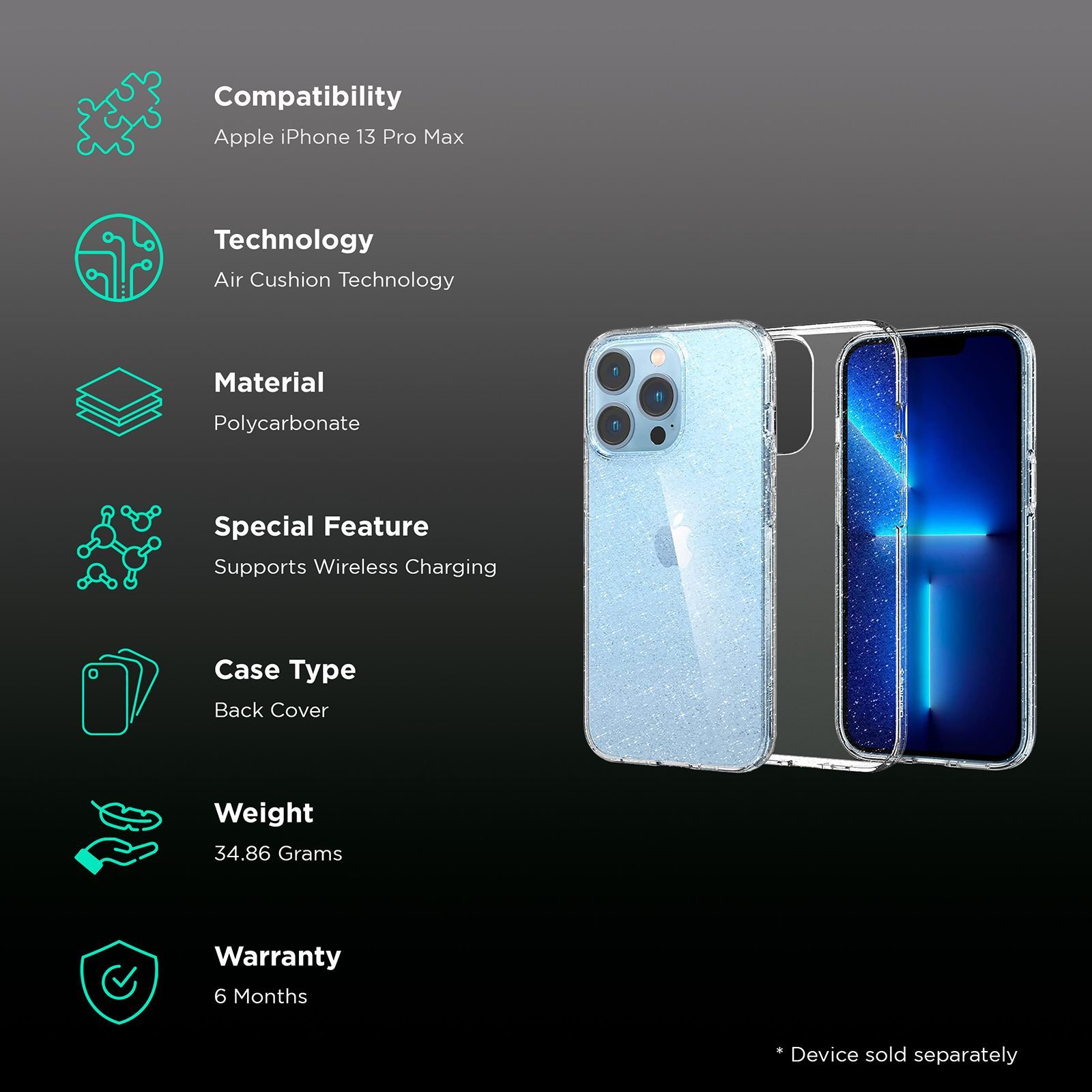 spigen Ultra Hybrid Polycarbonate Back Cover for Apple iPhone 13 Pro Max (Wireless Charging Compatible, Crystal Clear)_2