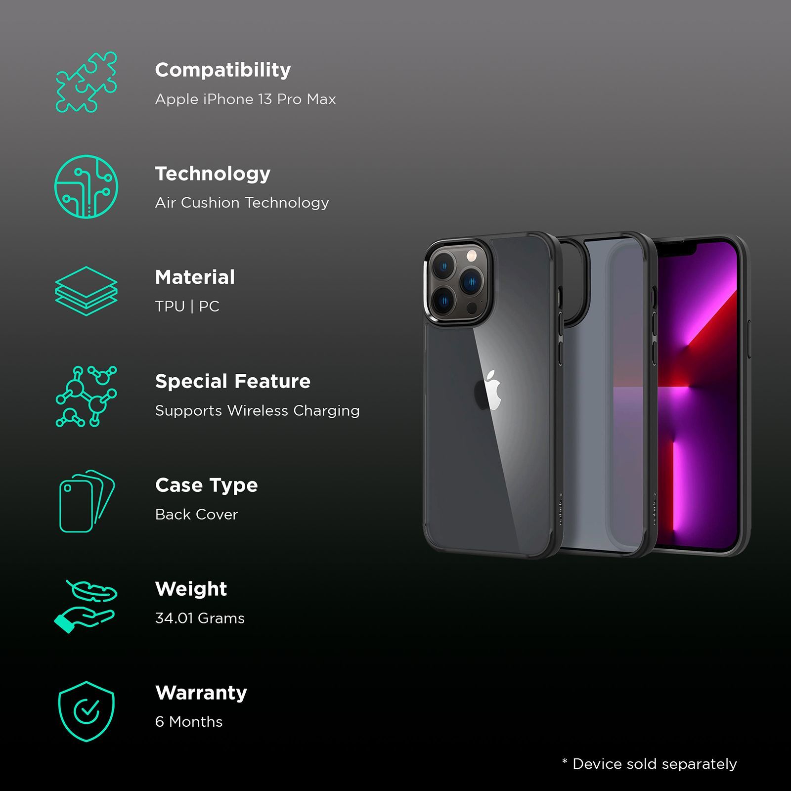 spigen Ultra Hybrid TPU & Polycarbonate Back Cover for Apple iPhone 13 Pro Max (Wireless Charging Compatible?, Frost Black)_2