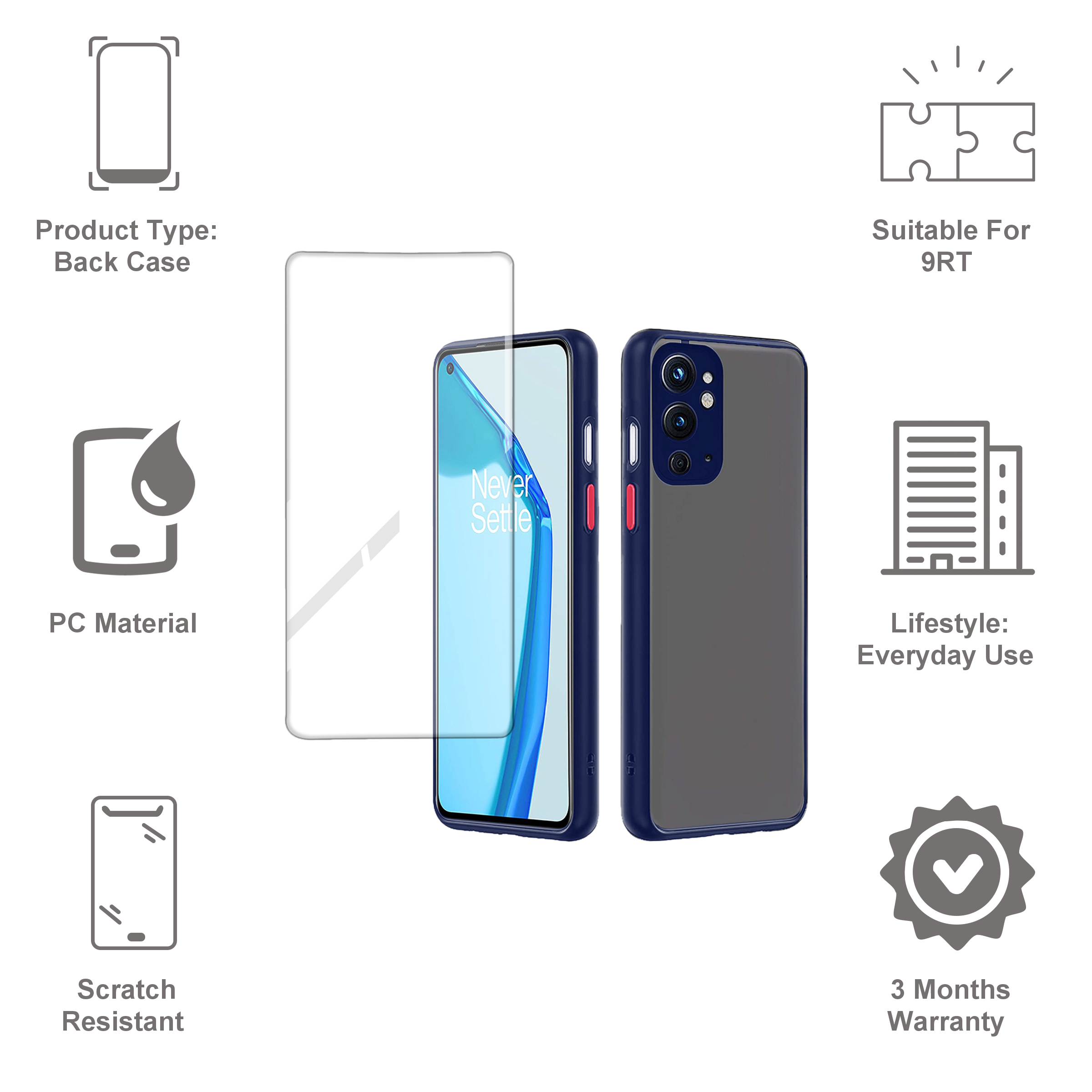 ARROW Duplex Series Tempered Glass & Polycarbonate Back Cover Combo for OnePlus 9RT (Anti Scratch Design, Blue)_2
