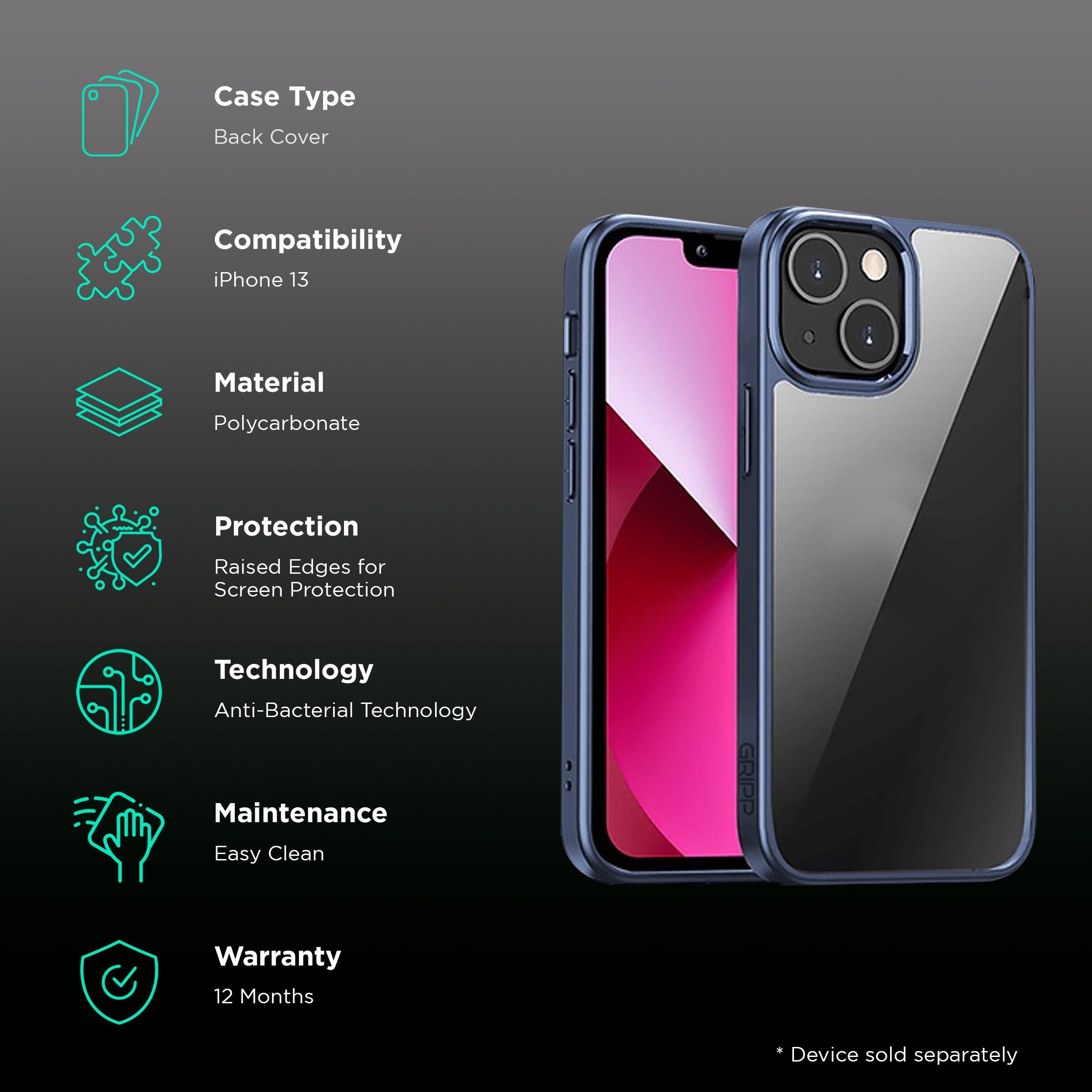 GRIPP Ming Hard Polycarbonate Back Cover for Apple iPhone 13 (Drop Protection, Blue)_2