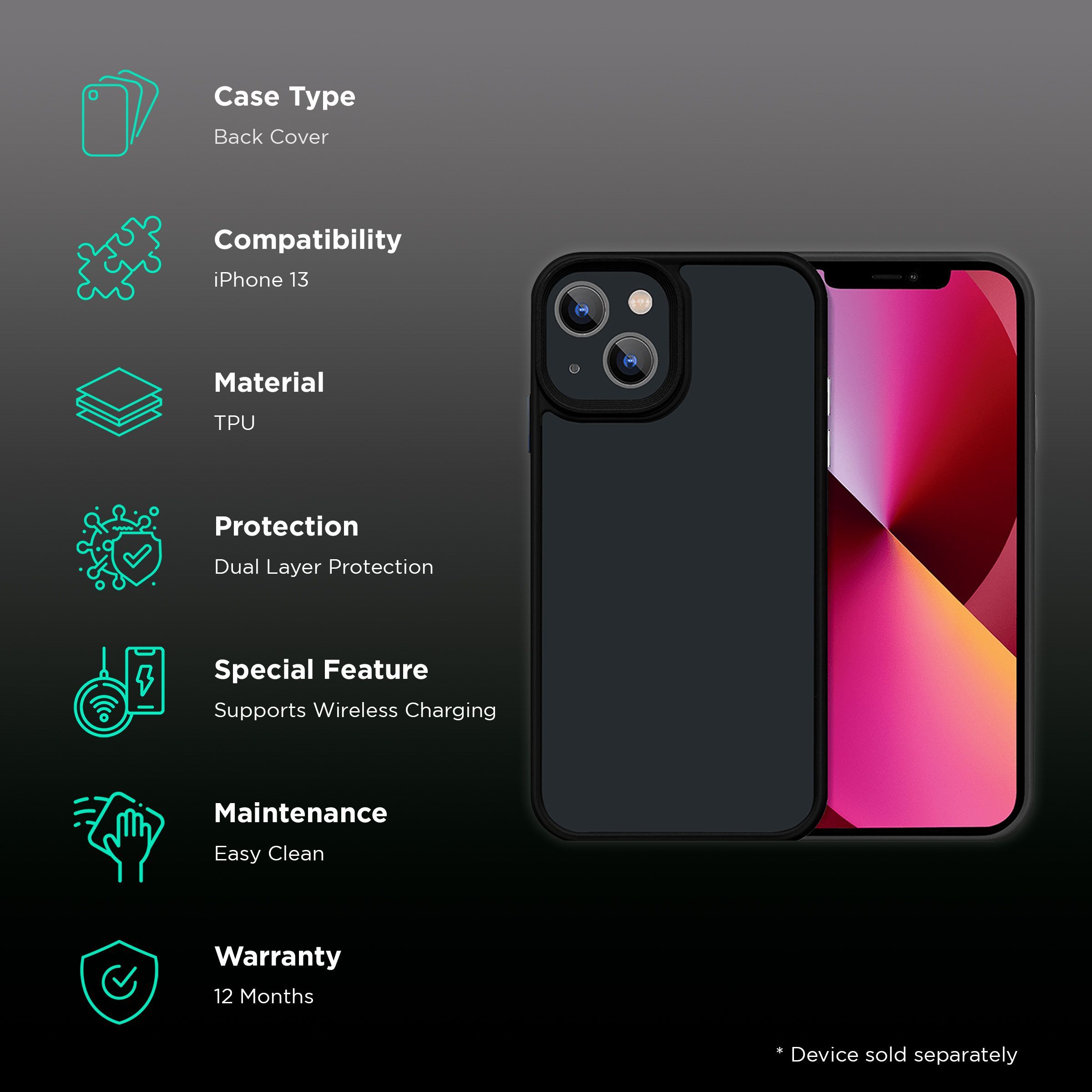 GRIPP Bolt Hard TPU Back Cover for Apple iPhone 13 (Supports Wireless Charging, Black)_2