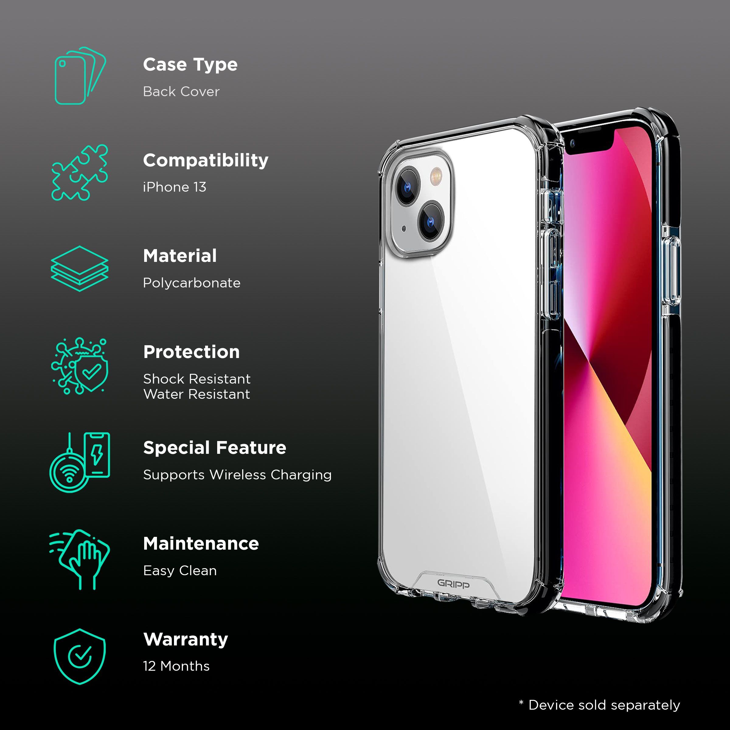 GRIPP GR-IP13-MBLK Hard Polycarbonate Back Cover for Apple iPhone 13 (Supports Wireless Charging, Black)_2