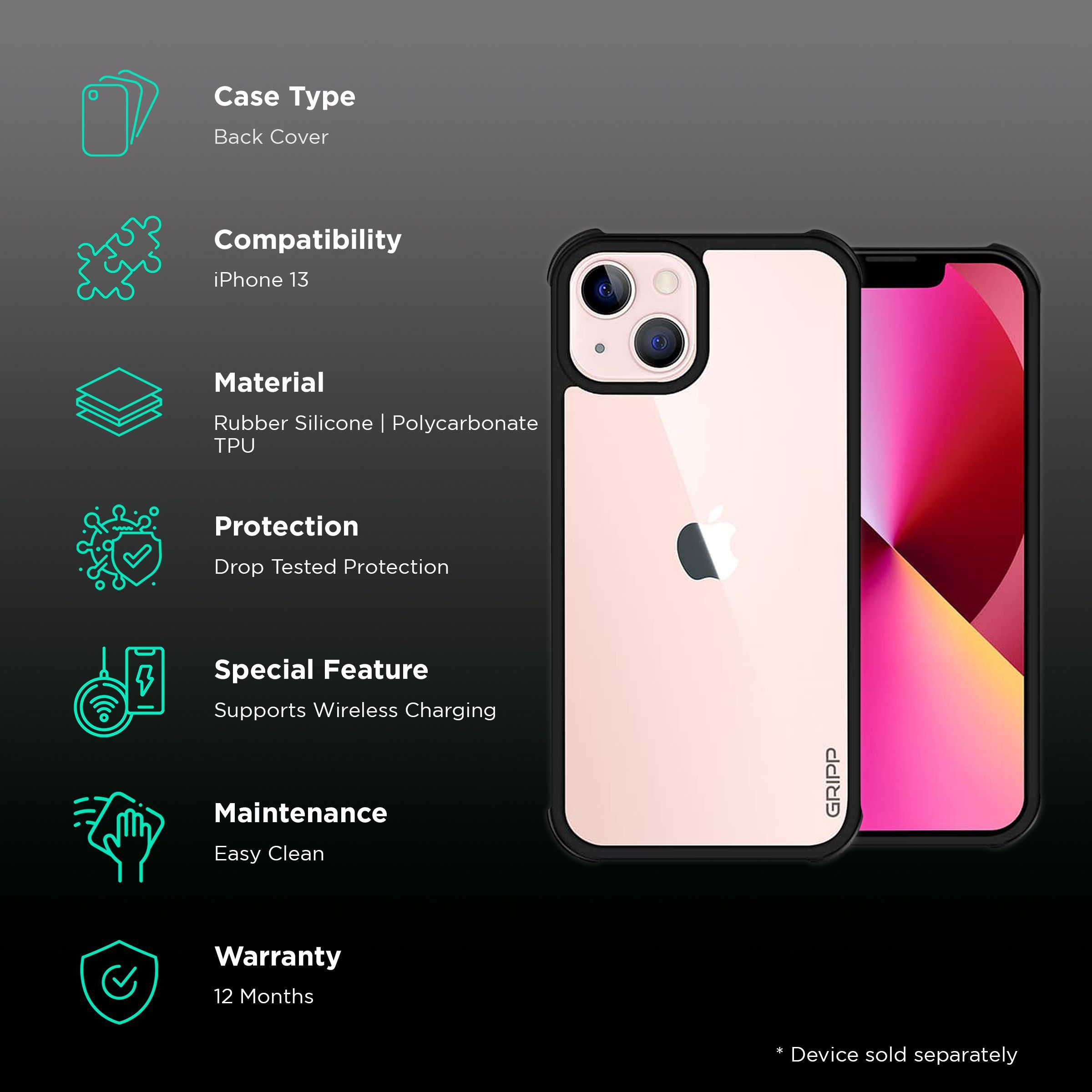 GRIPP Shocker Soft Rubber Silicone & Polycarbonate & TPU Back Cover for Apple iPhone 13 (Supports Wireless Charging, Black)_2