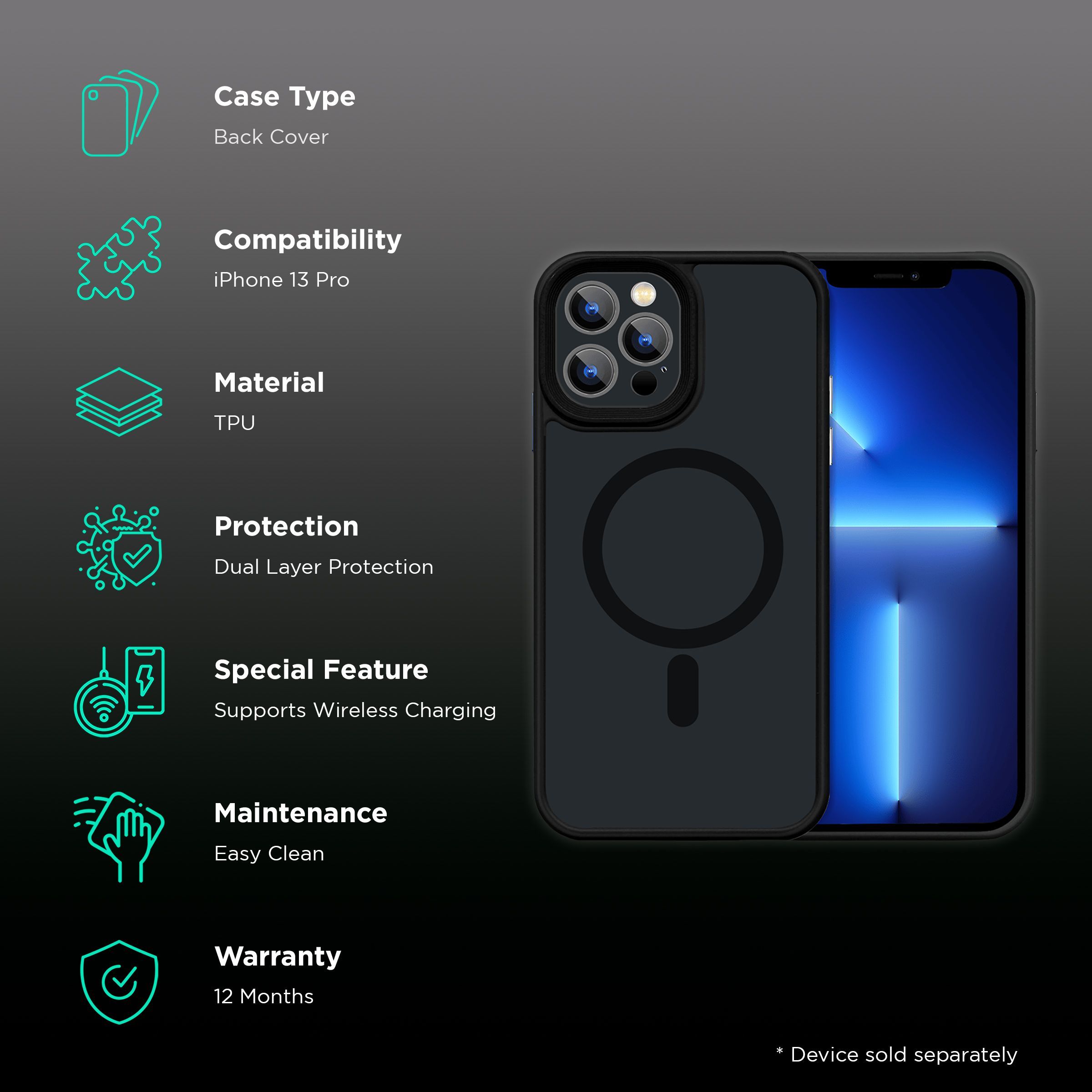 GRIPP Bolt Hard TPU Back Cover for Apple iPhone 13 Pro (Supports Wireless Charging, Black)_2