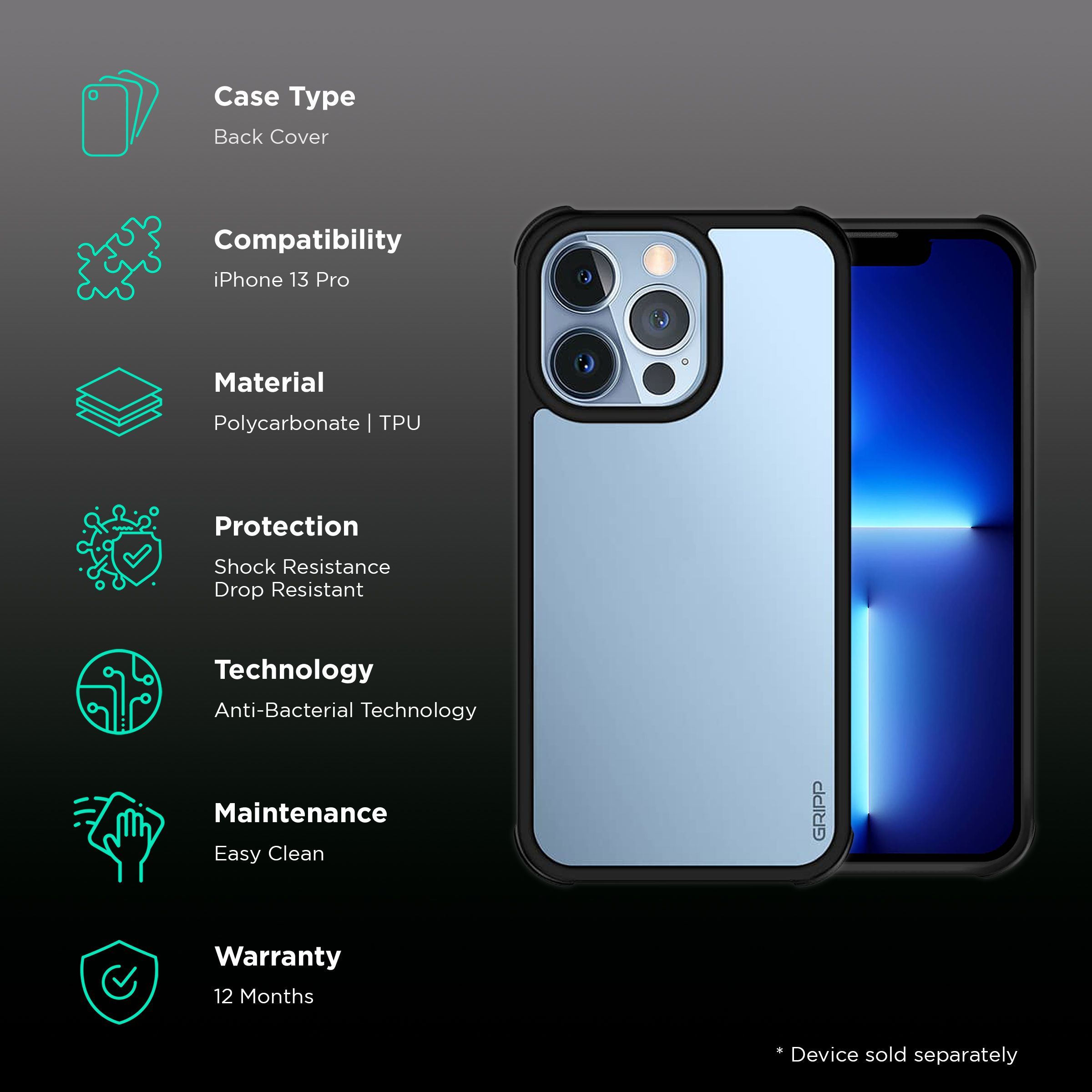 Gripp Shocker Hard Polycarbonate & TPU Back Cover for Apple iPhone 13 Pro (Supports Wireless Charging, Black)_2