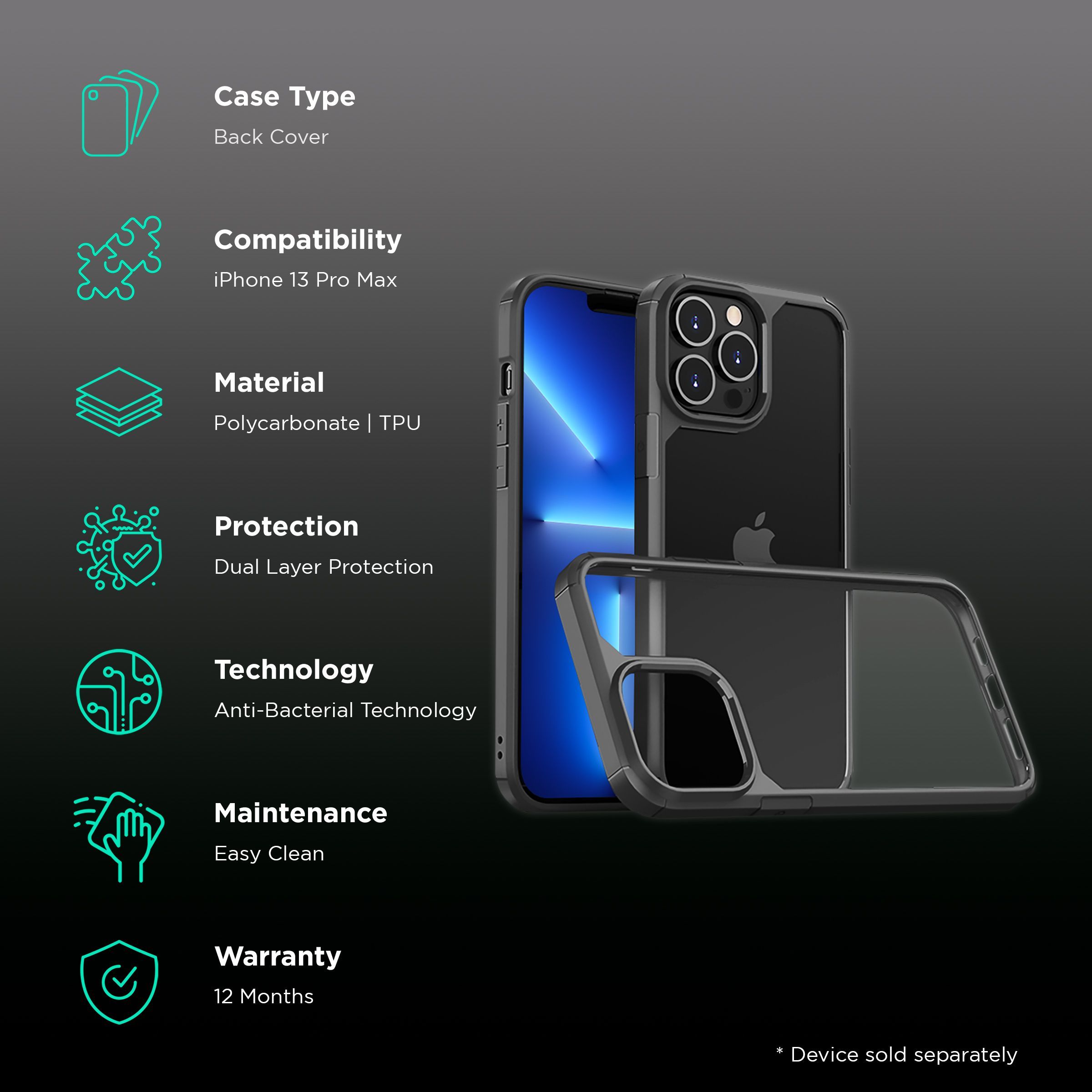 GRIPP Defender Hard Polycarbonate & TPU Back Cover for Apple iPhone 13 Pro Max (Supports Wireless Charging, Black)_2