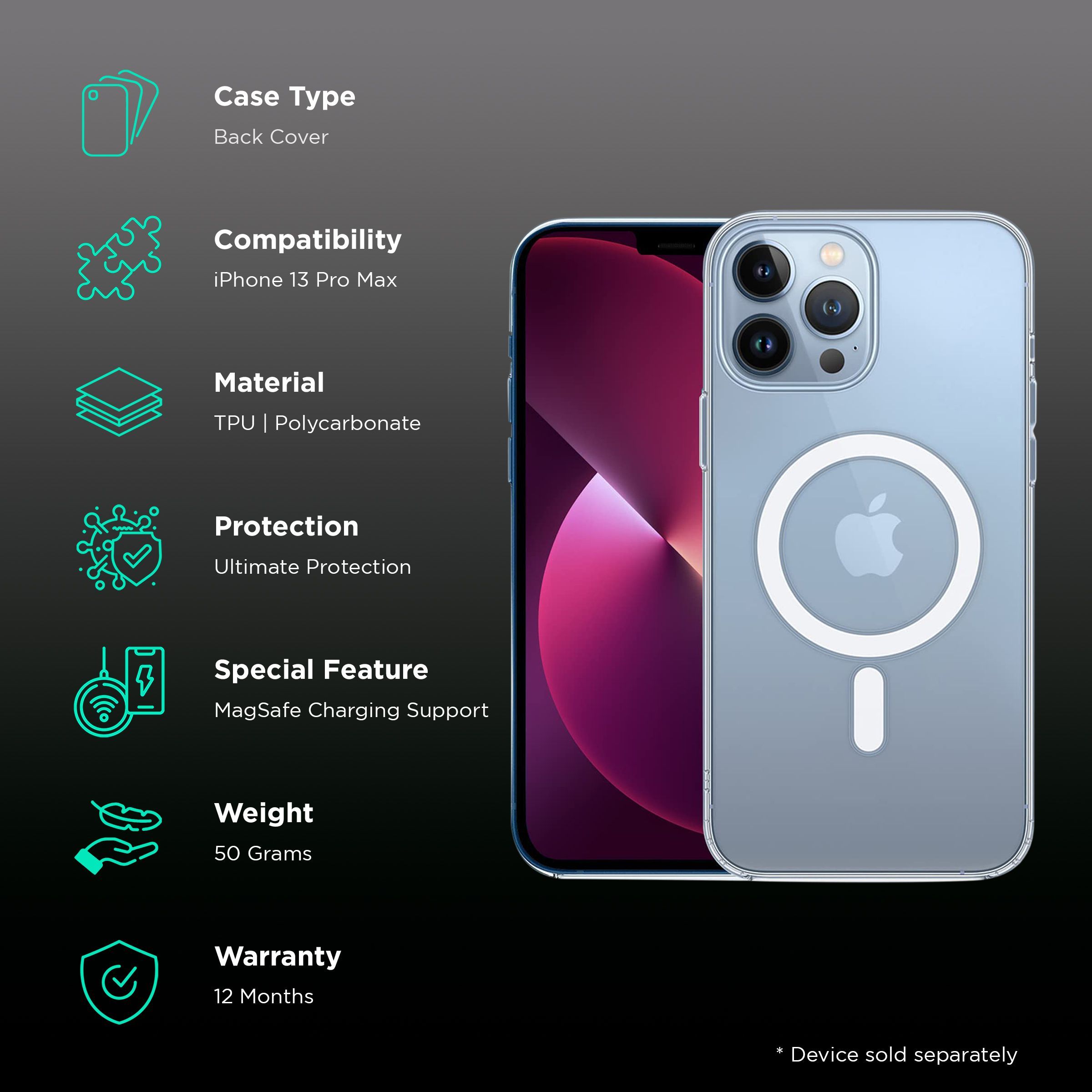 RAEGR MagFix Air Hybrid TPU & Polycarbonate Back Cover for Apple iPhone 13 Pro Max (MagSafe Charging Support, Crystal Clear)_2