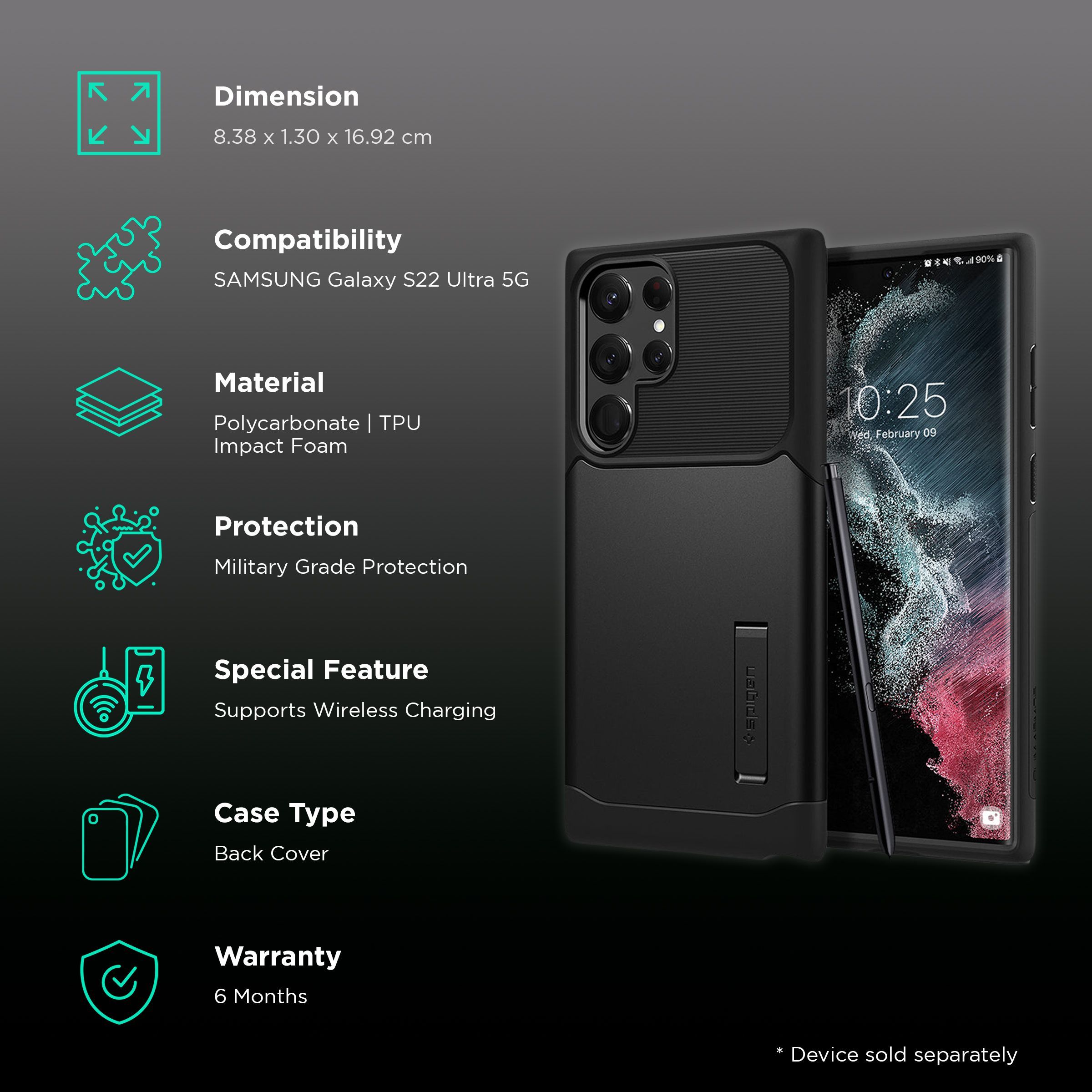 Spigen Slim Armor Polycarbonate & TPU & Impact Foam Back Cover for SAMSUNG Galaxy S22 Ultra 5G (Supports Wireless Charging, Black)_2