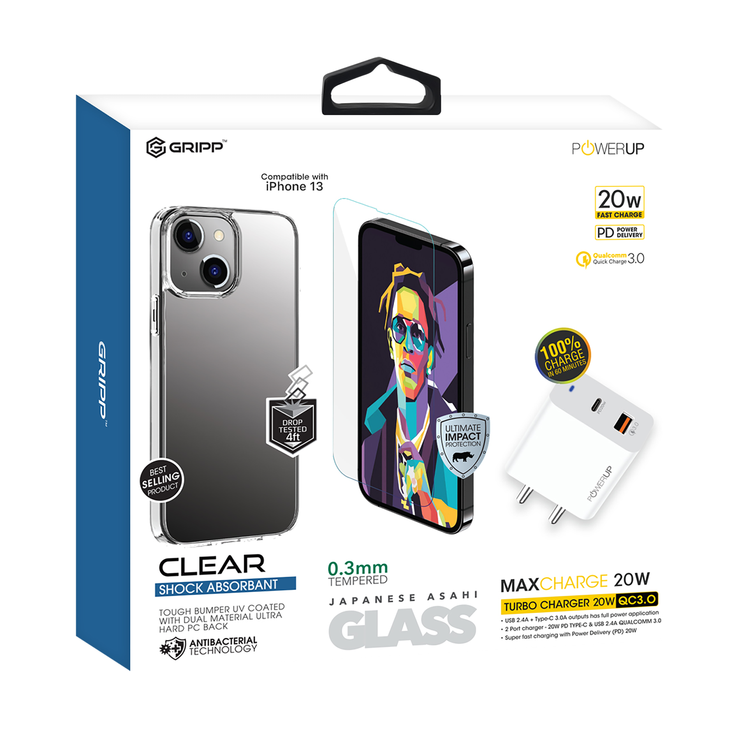 GRIPP GR-CS-13CLTG20W Tempered Glass & Hard Polycarbonate Back Cover & Adapter Combo for Apple iPhone 13 (Scratch Resistant, Multi Color)_8