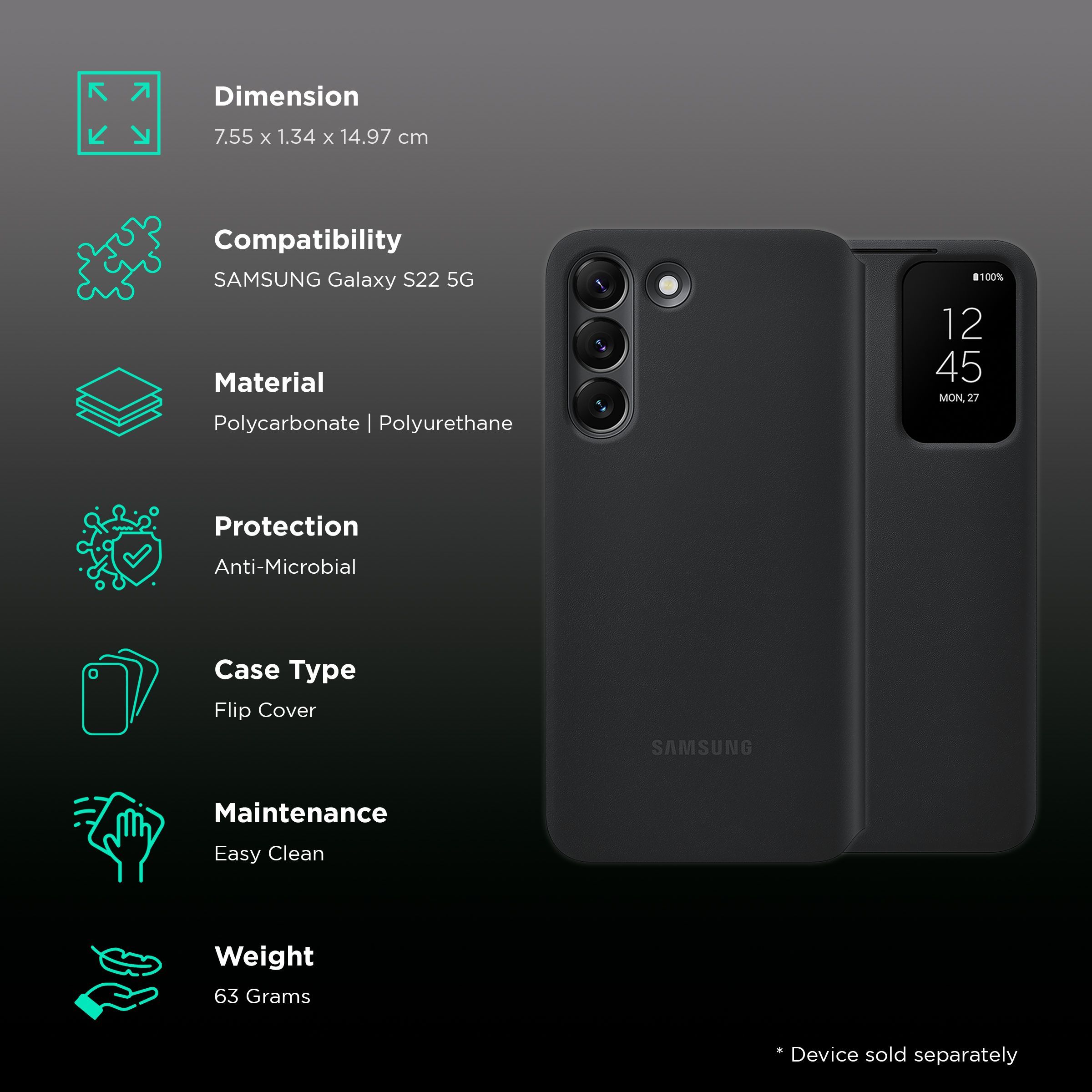 SAMSUNG Smart Clear View Polycarbonate & Polyurethane Flip Cover for SAMSUNG Galaxy S22 5G (Anti-Microbial, Black)_2