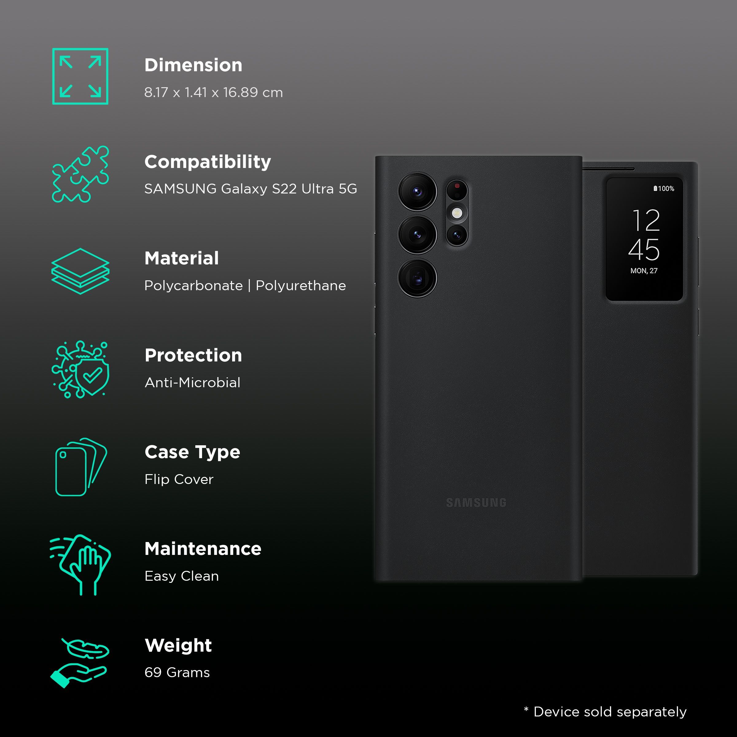 SAMSUNG Smart Clear View Polycarbonate & Polyurethane Flip Cover for SAMSUNG Galaxy S22 Ultra 5G (Anti-Microbial, Black)_2