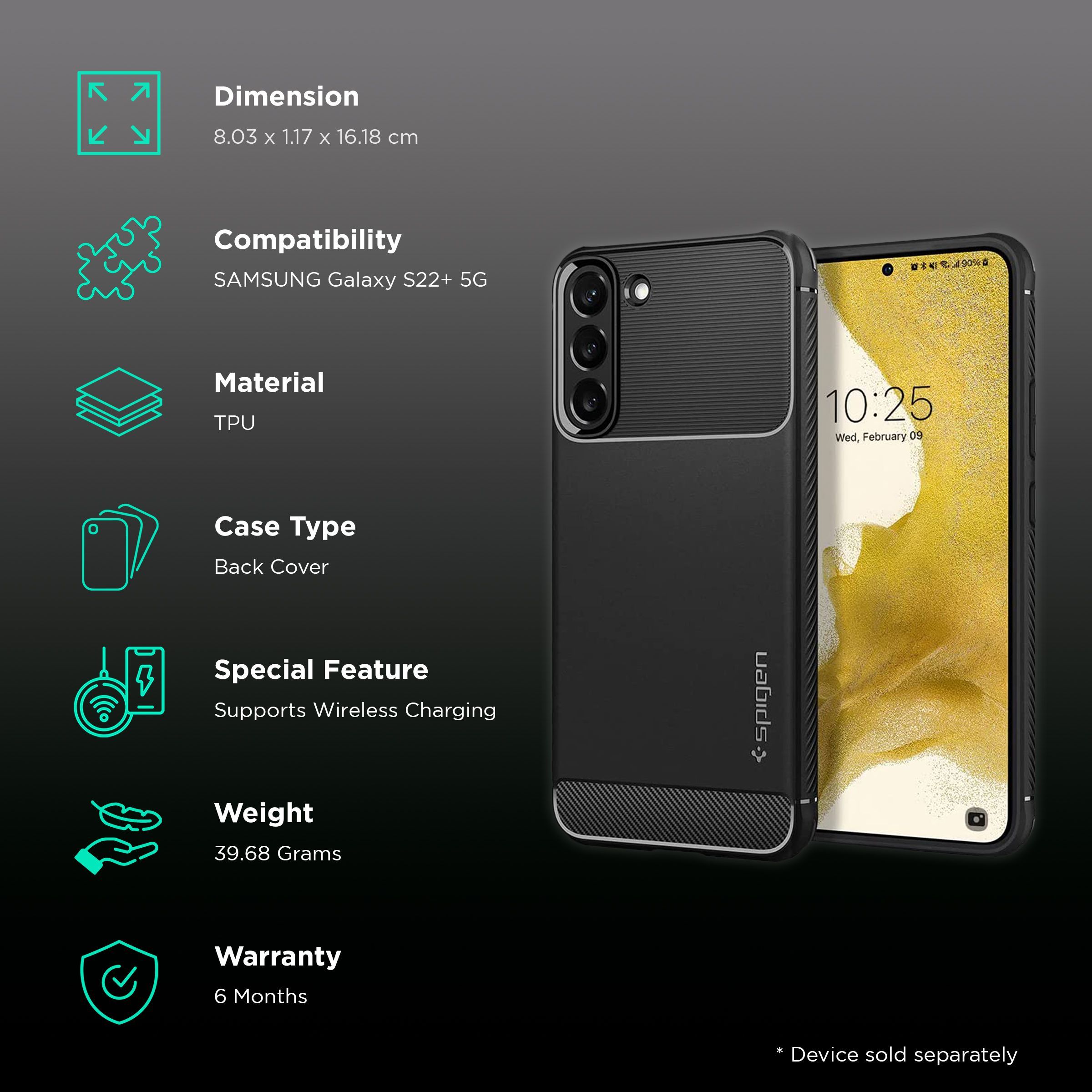 Spigen Rugged Armor TPU Back Cover for SAMSUNG Galaxy S22+ 5G (Supports Wireless Charging, Matte Black)_2