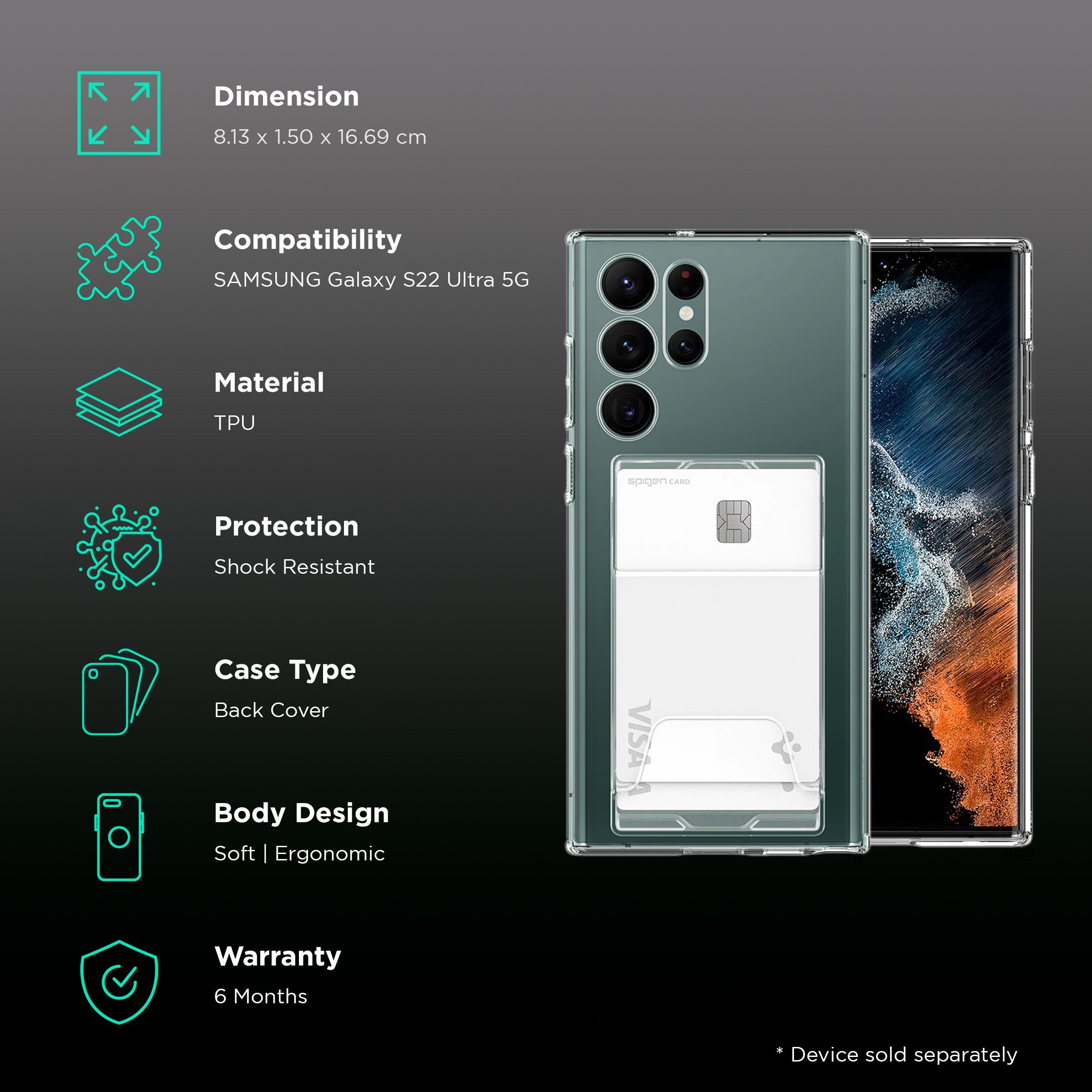 Spigen Crystal Slot Dual Soft TPU Back Cover for SAMSUNG Galaxy S22 Ultra 5G (Air Cushion Technology, Crystal Clear)_2