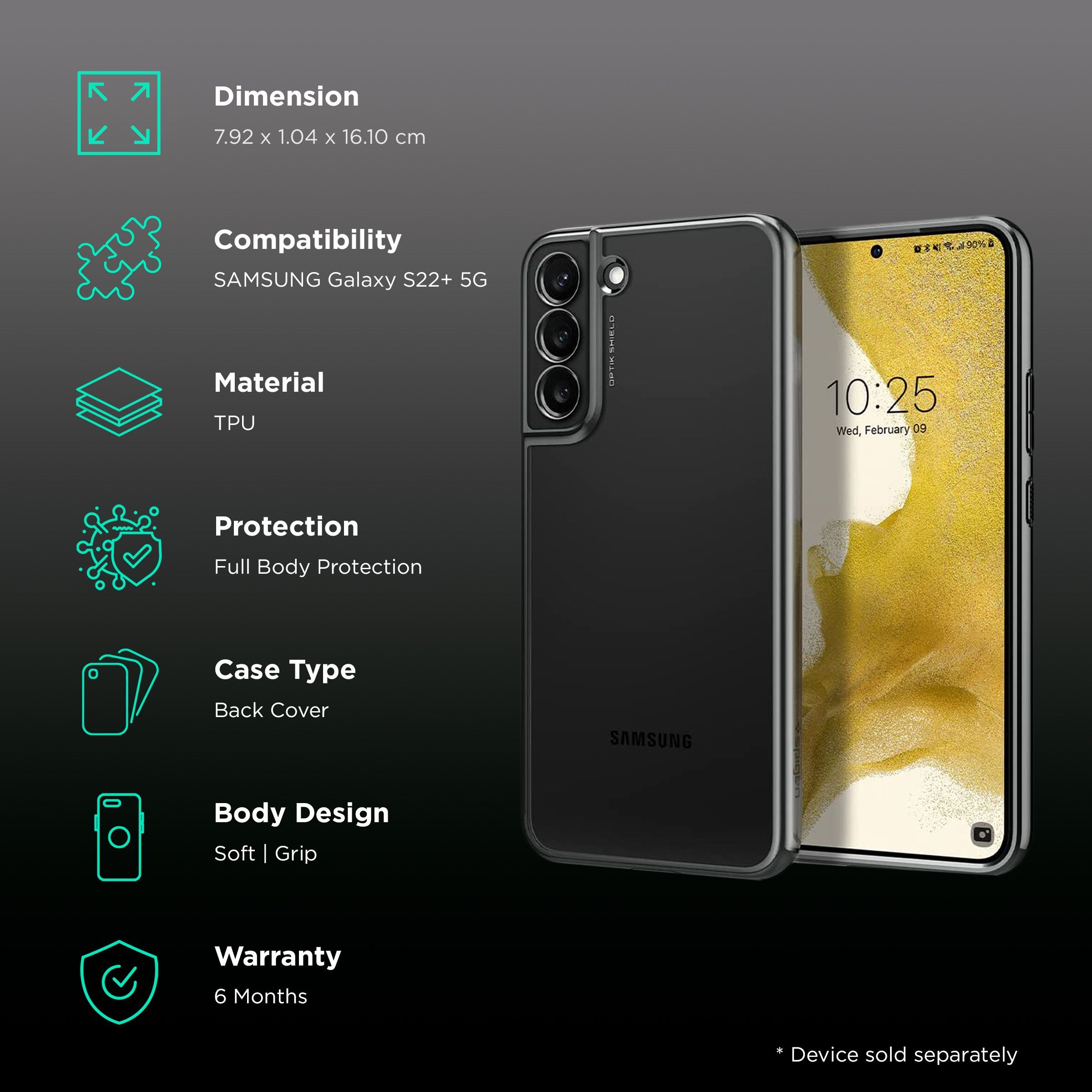 Spigen Optik Crystal Soft TPU Back Cover for SAMSUNG Galaxy S22+ 5G (Tactile Buttons, Chrome Gray) Spigen Optik Crystal Soft TPU Back Cover for SAMSUNG Galaxy S22+ 5G (Tactile Buttons, Chrome Gray)_2