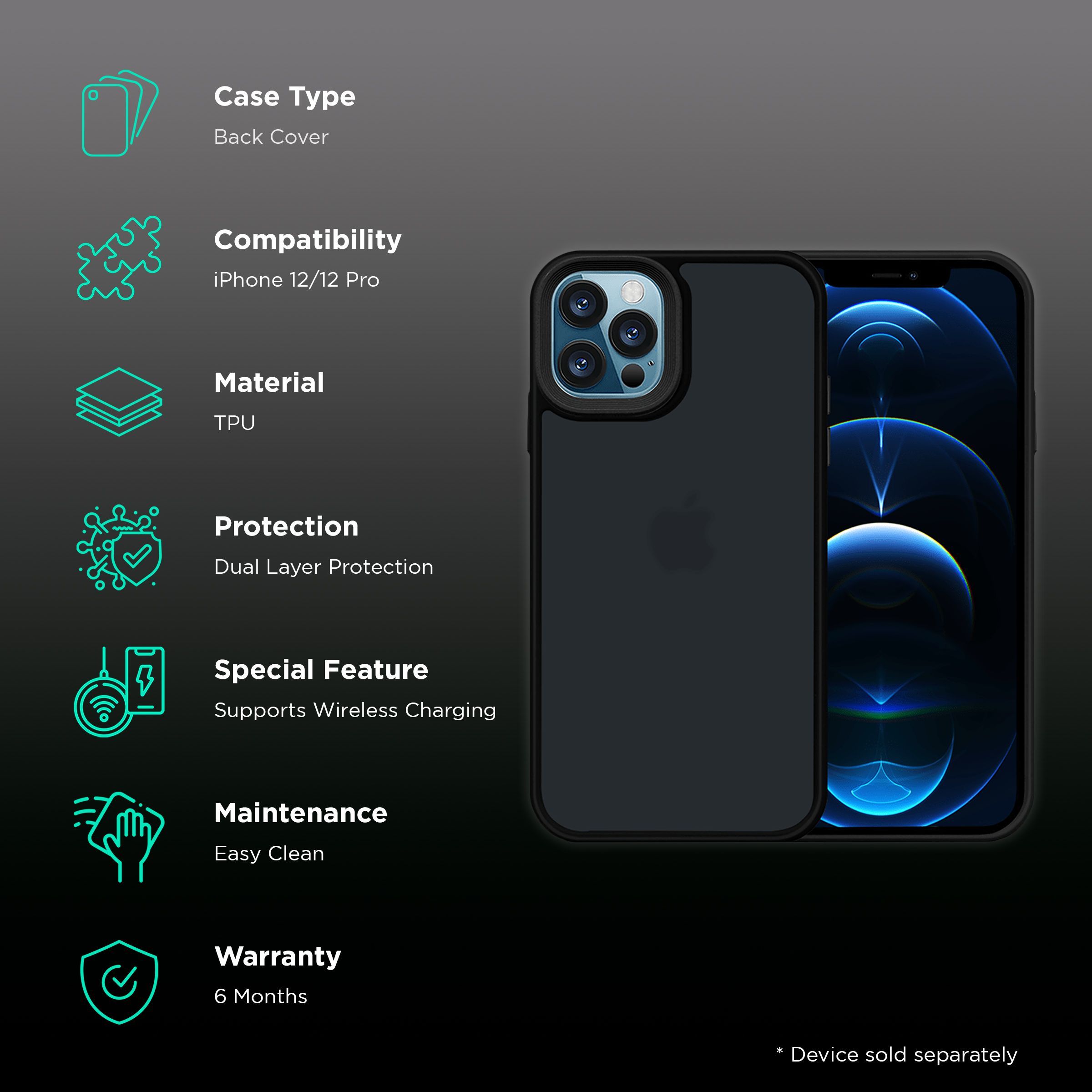 GRIPP Bolt Hard TPU Back Cover for Apple iPhone 12, 12 Pro (Supports Wireless Charging, Black)_2