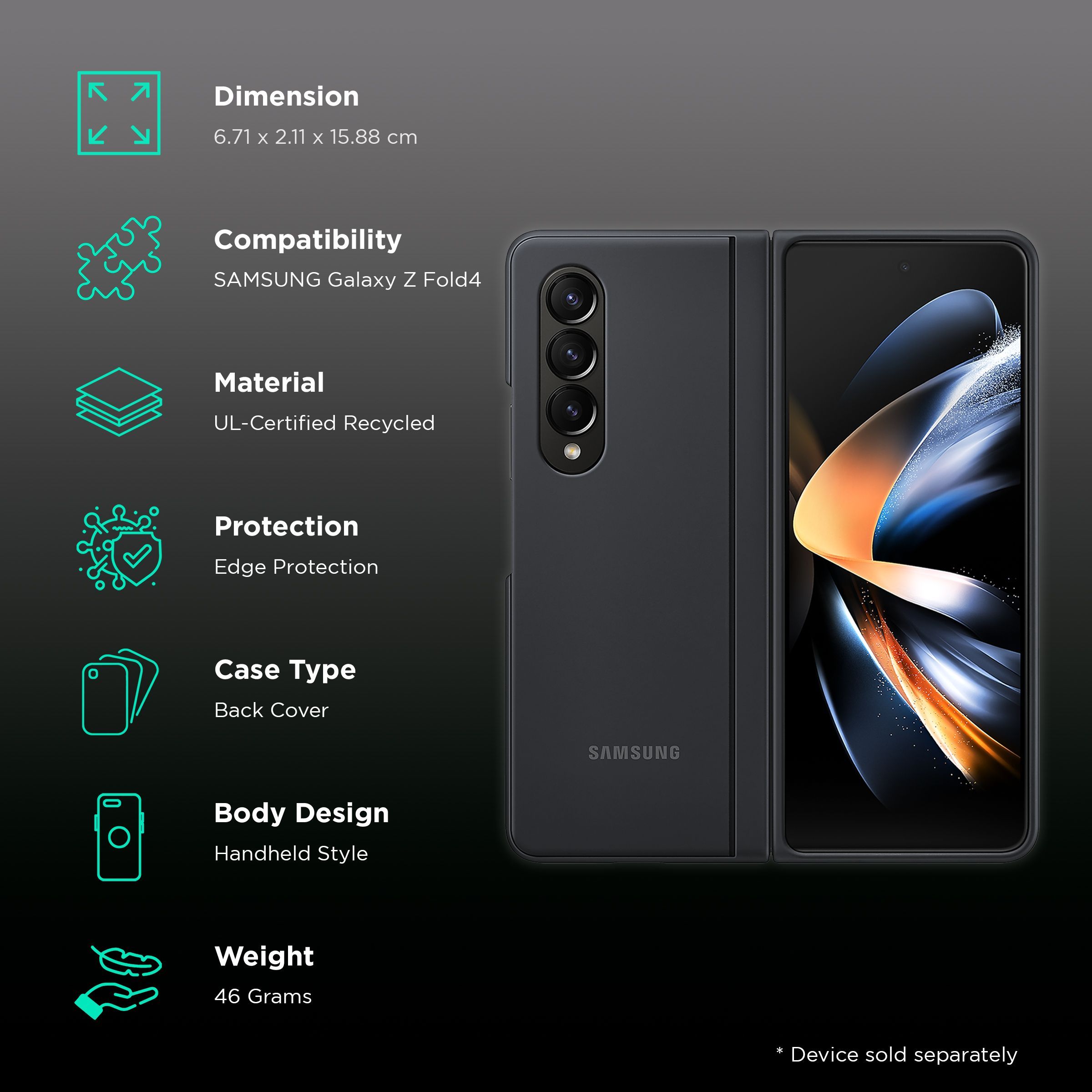 SAMSUNG Slim Soft UL-Certified Recycled Back Cover for SAMSUNG Galaxy Z Fold4 (All Around Edge Protection, Black)_2