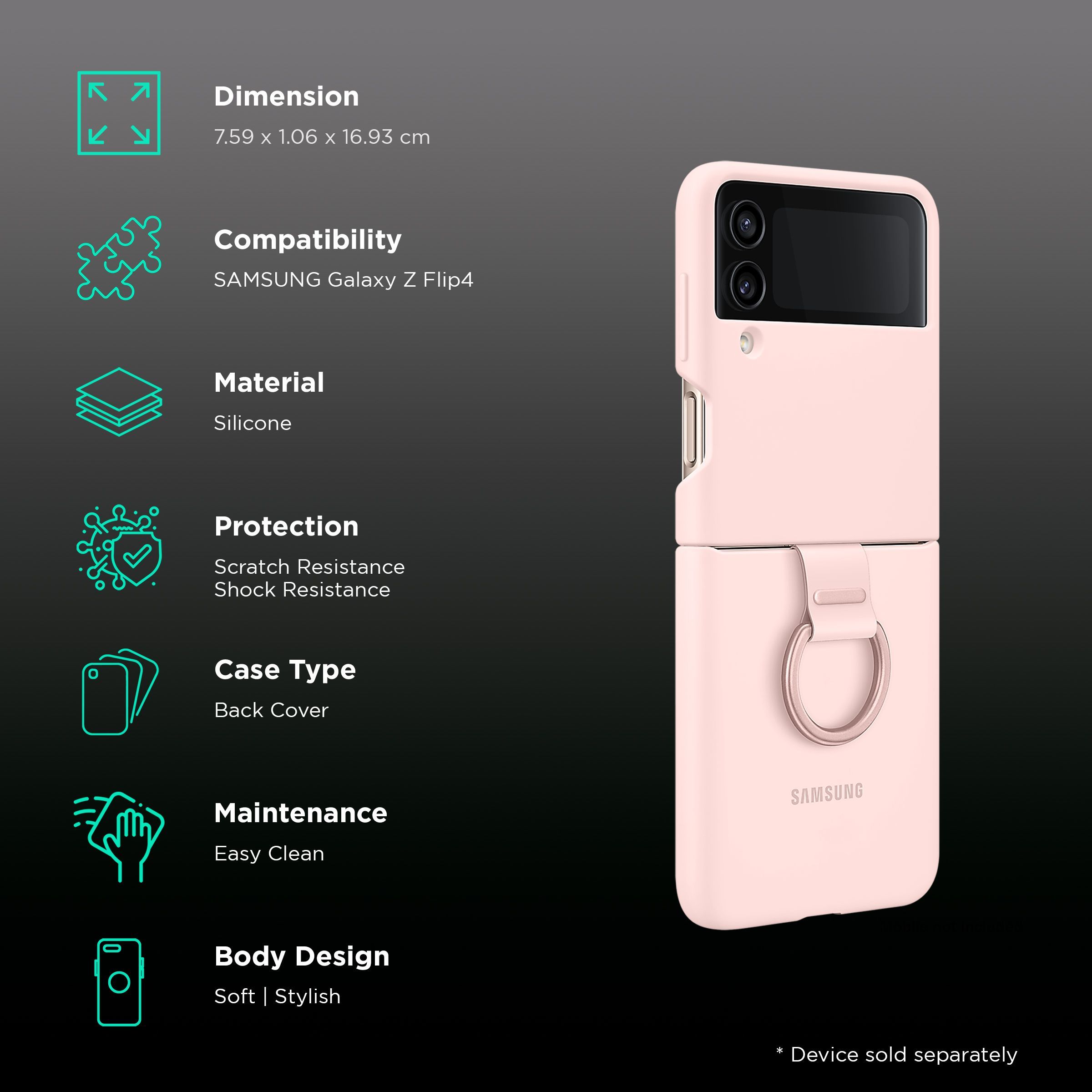 SAMSUNG Soft Silicone Back Cover for SAMSUNG Galaxy Z Flip4 (With Backside Ring, Pink)_2