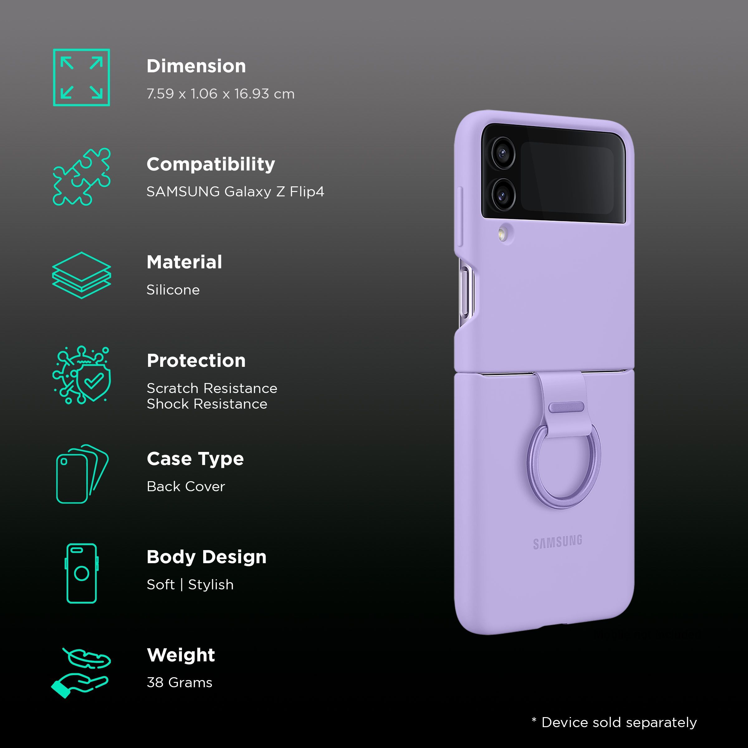 SAMSUNG Soft Silicone Back Cover for SAMSUNG Galaxy Z Flip4 (With Backside Ring, Bora Purple)_2