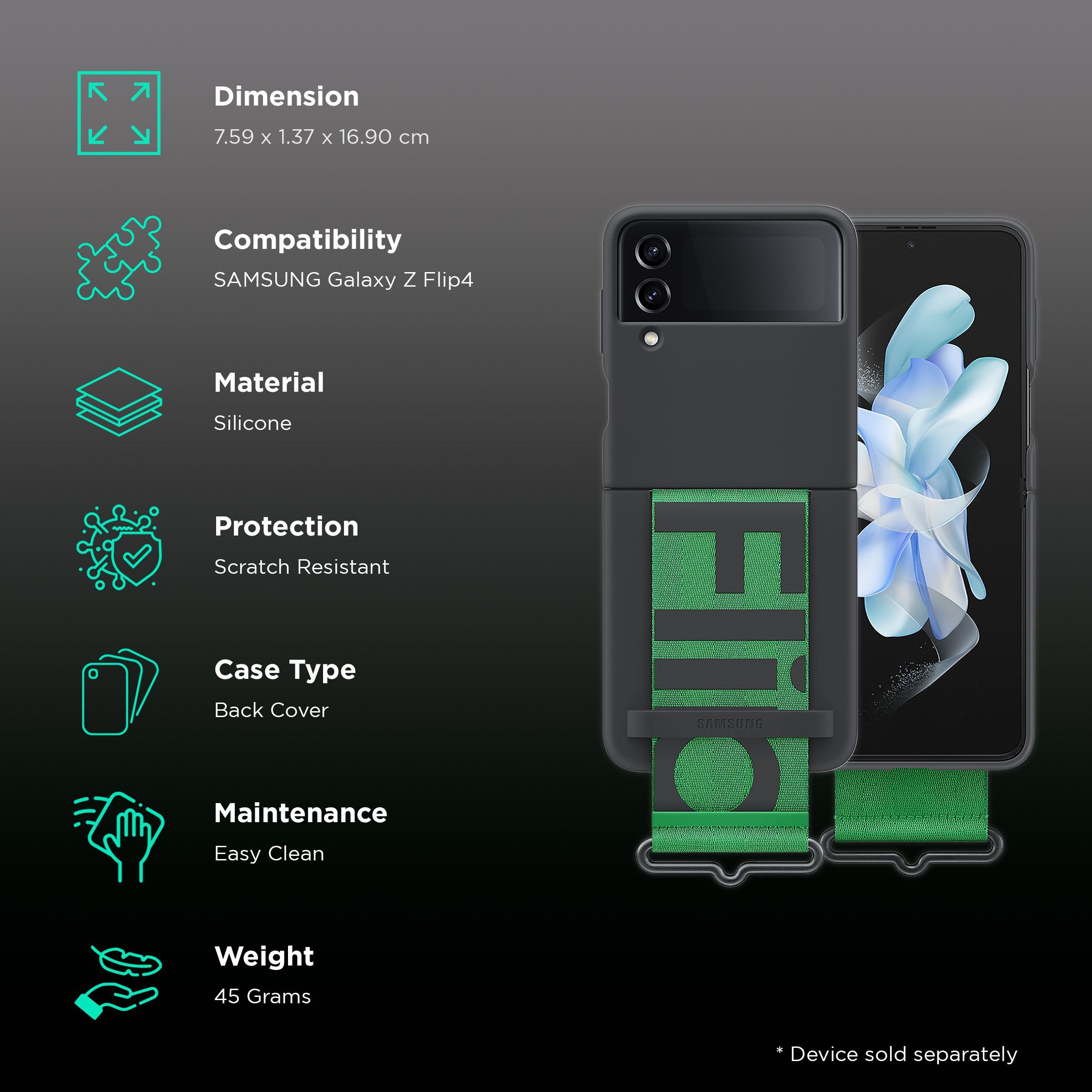 SAMSUNG Soft Silicone Back Cover for SAMSUNG Galaxy Z Flip4 (Carrying with Strap, Black)_2