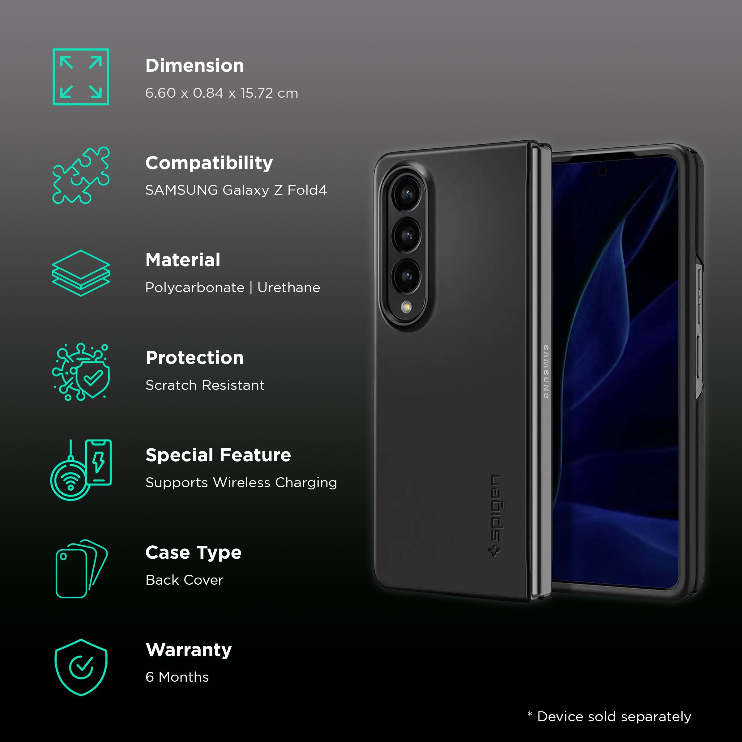 Spigen Air Skin Polycarbonate & Urethane Back Cover for SAMSUNG Galaxy Z Fold4 (Supports Wireless Charging, Black)_2