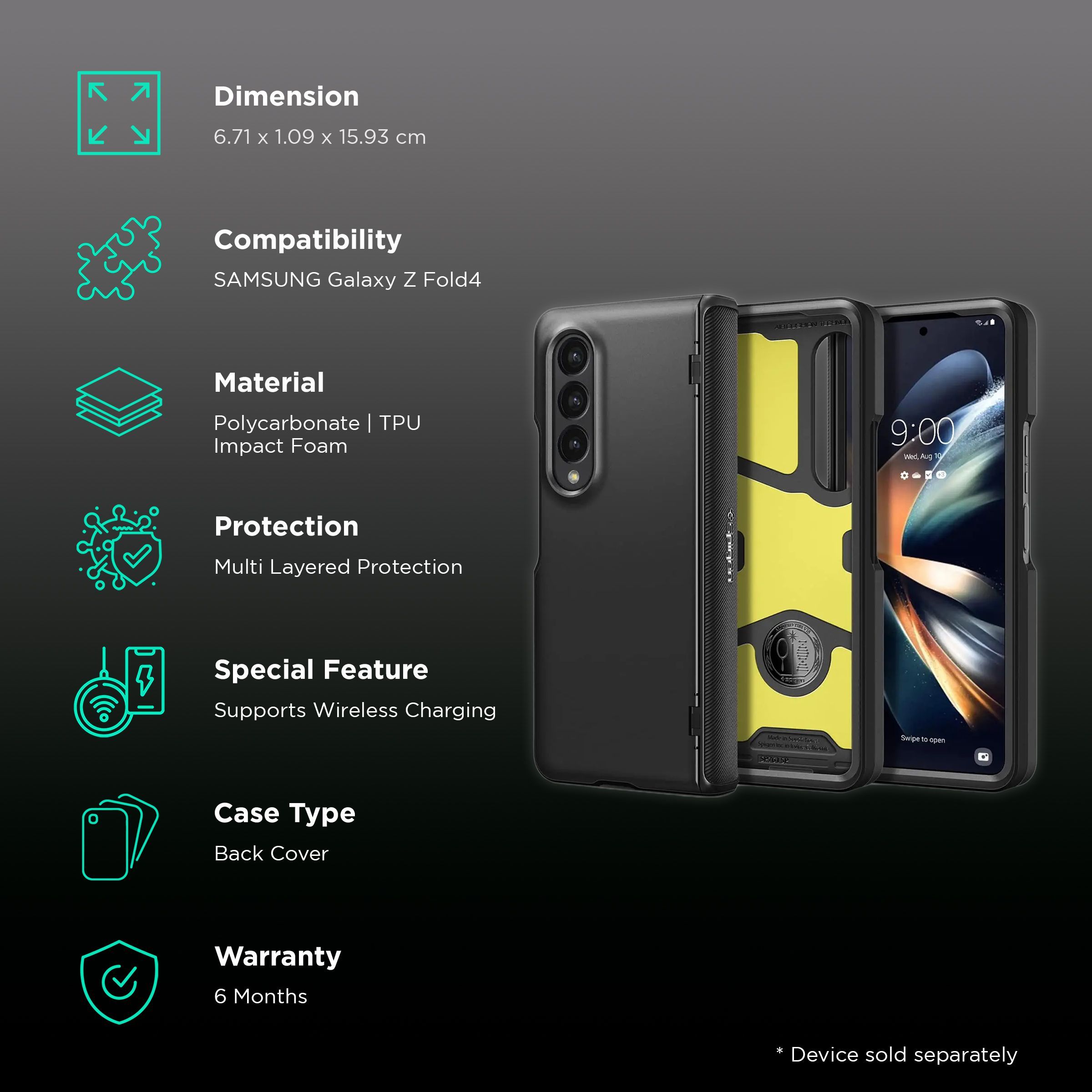 Spigen Slim Armor Pro Polycarbonate & TPU & Impact Foam Back Cover for SAMSUNG Galaxy Z Fold4 (Supports Wireless Charging, Black)_2