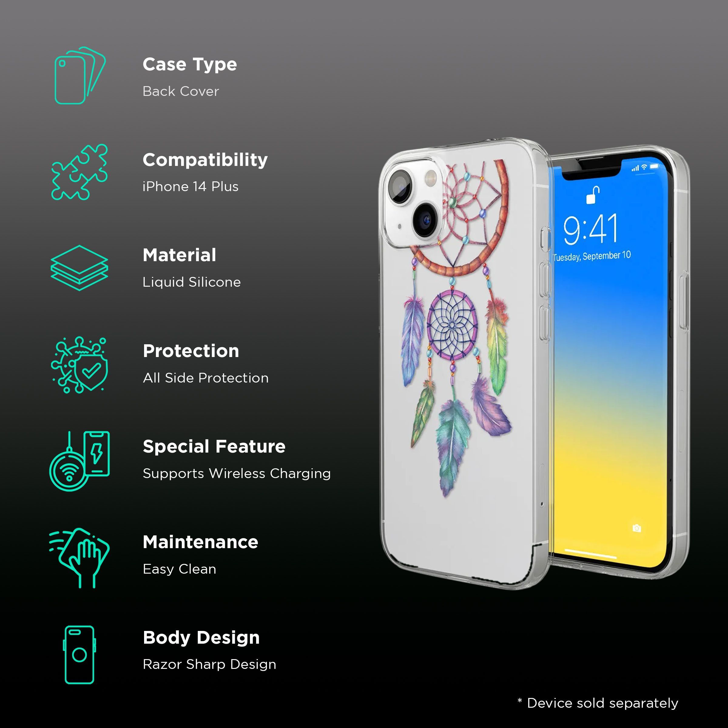 Macmerise Dream Catcher Feathers Liquid Silicone Back Cover for Apple iPhone 14 Plus (Supports Wireless Charging, Multi Color)_2
