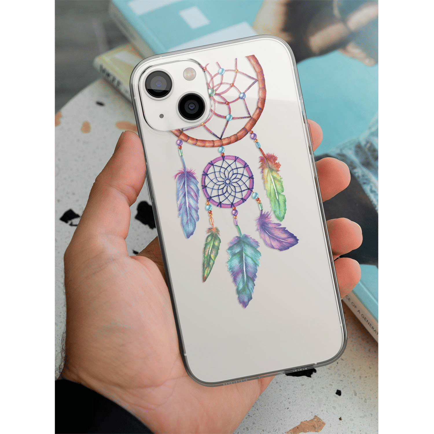 Macmerise Dream Catcher Feathers Liquid Silicone Back Cover for Apple iPhone 14 Plus (Supports Wireless Charging, Multi Color)_5