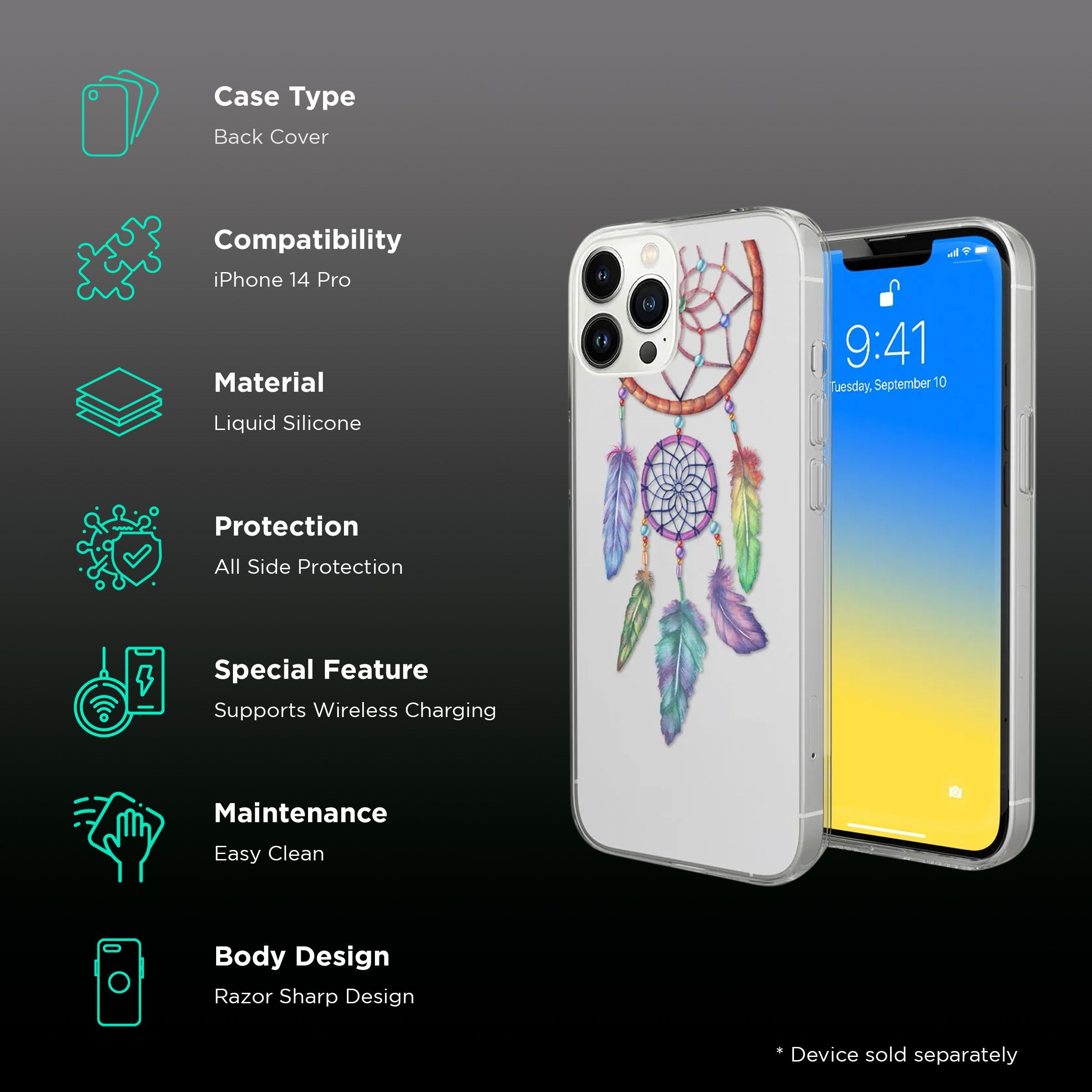 Macmerise Dream Catcher Feathers Liquid Silicone Back Cover for Apple iPhone 14 Pro (Supports Wireless Charging, Multi Color) Macmerise Dream Catcher Feathers Liquid Silicone Back Cover for Apple iPhone 14 Pro (Supports Wireless Charging, Multi Color)_2