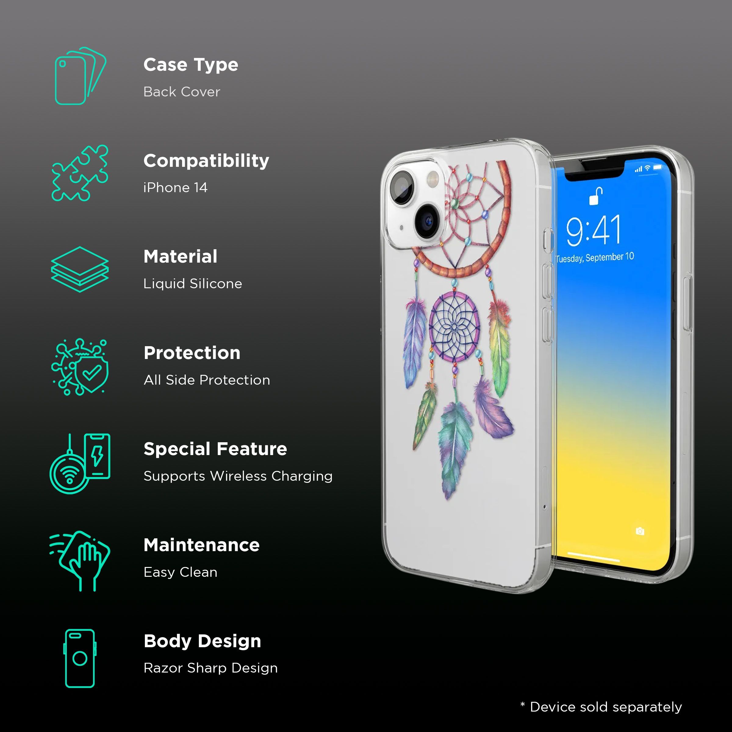 Macmerise Dream Catcher Feathers Liquid Silicone Back Cover for Apple iPhone 14 (Supports Wireless Charging, Multi Color)_2