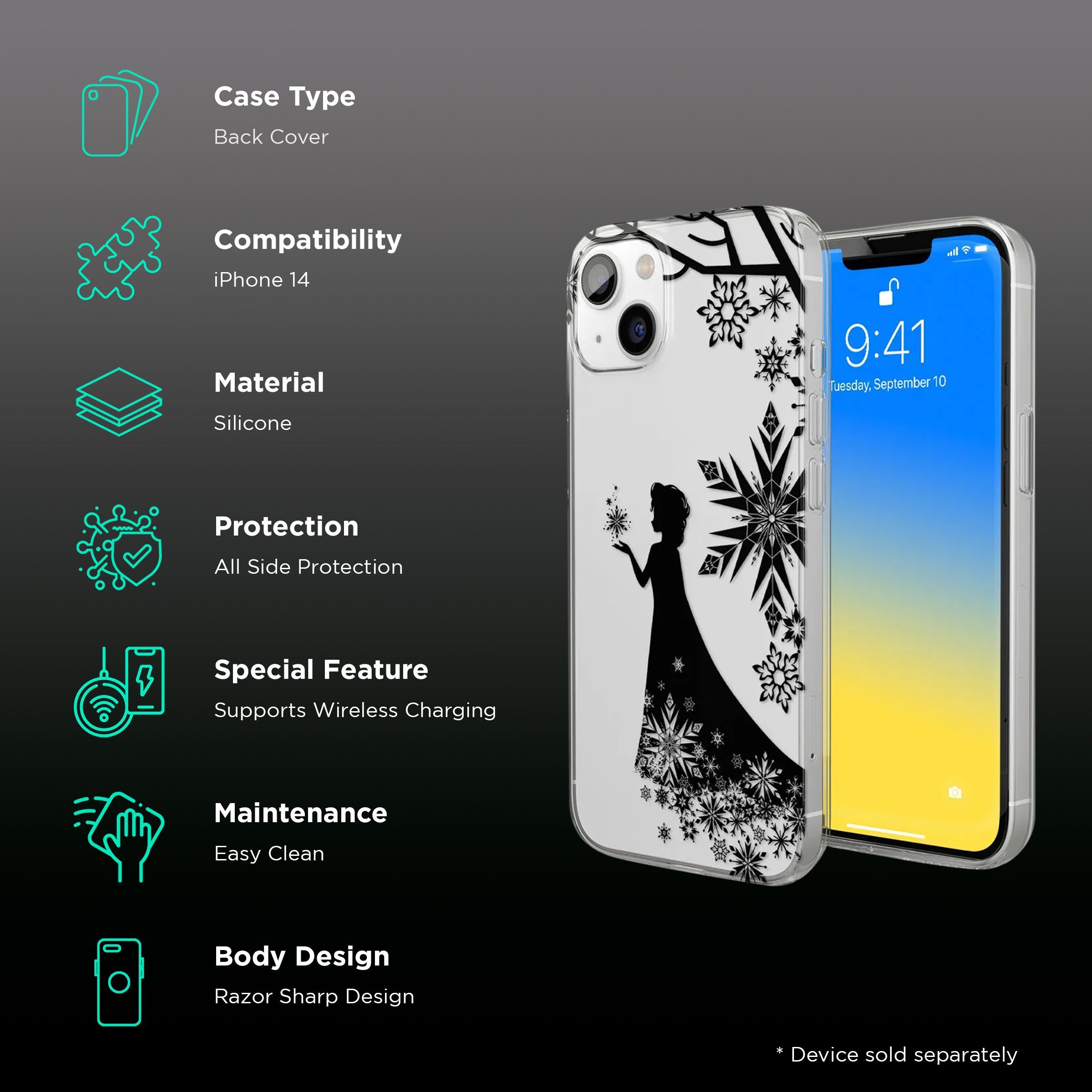 Macmerise Elsa Silhouette Silicone Back Cover for Apple iPhone 14 (Supports Wireless Charging, Clear Black)_2