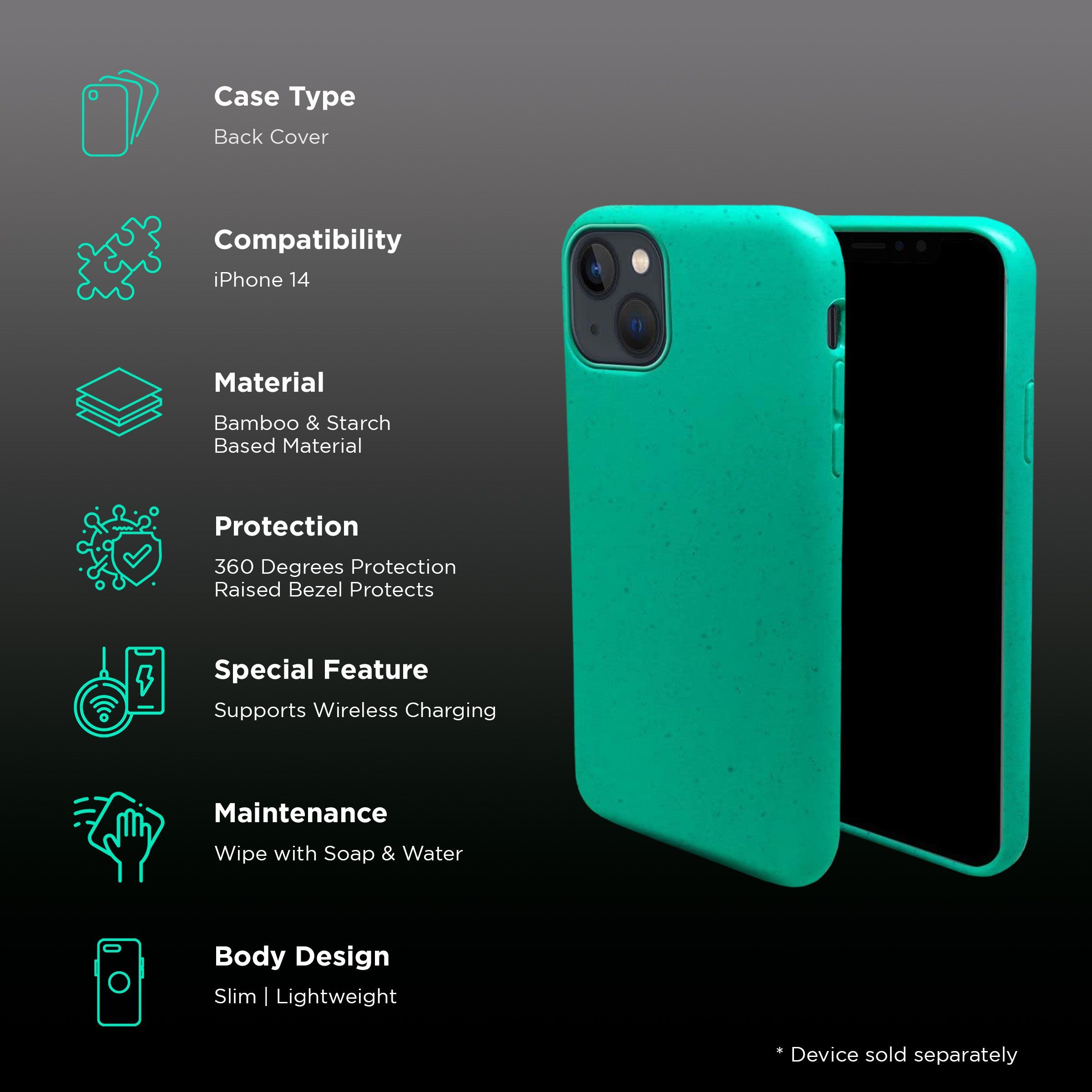 Macmerise Eco-ver Soft Bamboo & Starch Based Material Back Cover for Apple iPhone 14 (Supports Wireless Charging, Mint Green)_2