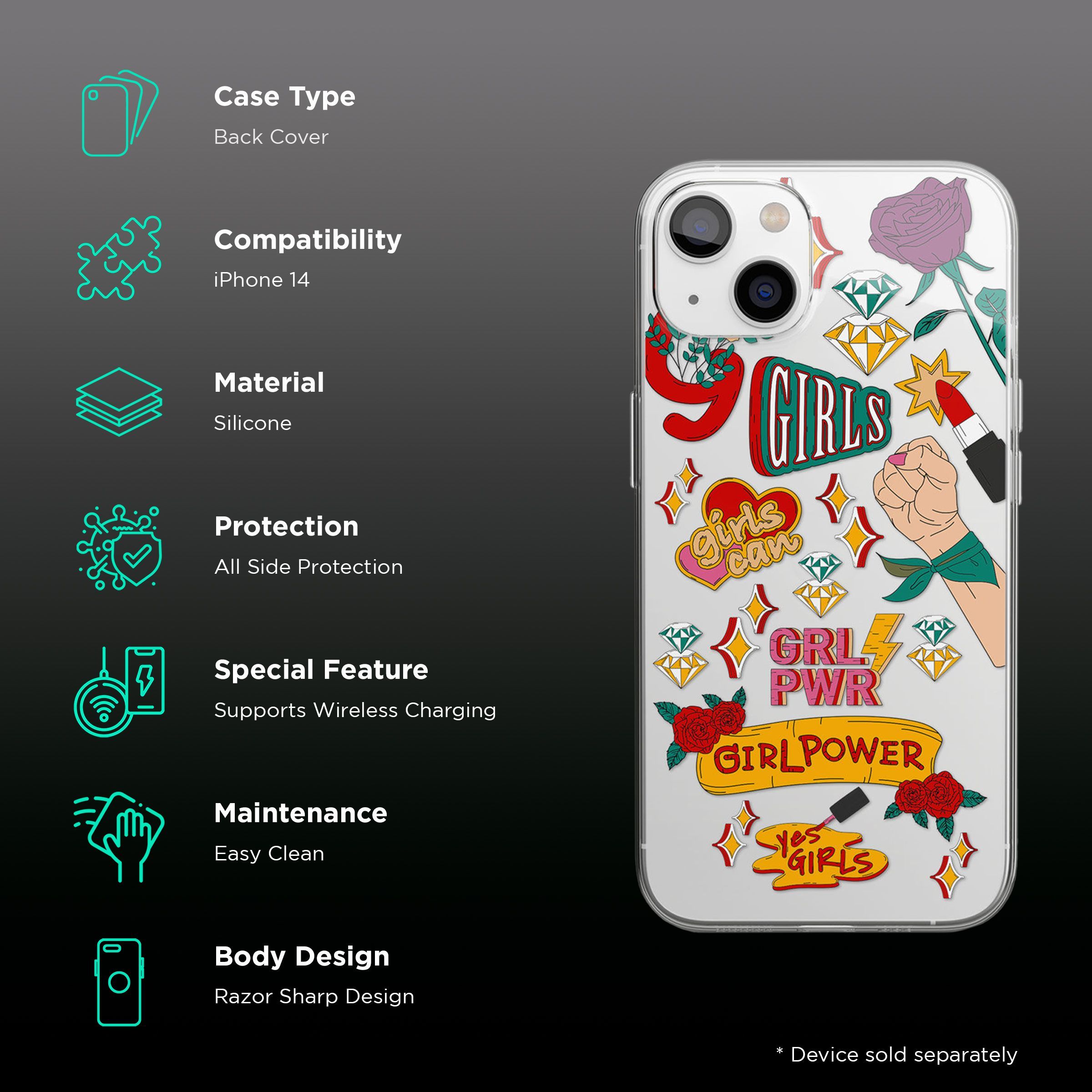 Macmerise SK Girl Power Silicone Back Cover for Apple iPhone 14 (Supports Wireless Charging, Multi Color)_2