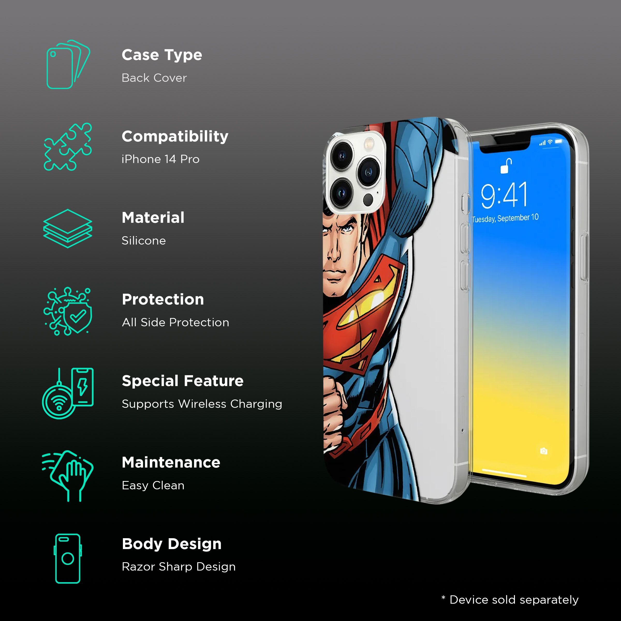 Macmerise Speed It Like Superman Silicone Back Cover for Apple iPhone 14 Pro (Supports Wireless Charging, Multi Color)_2