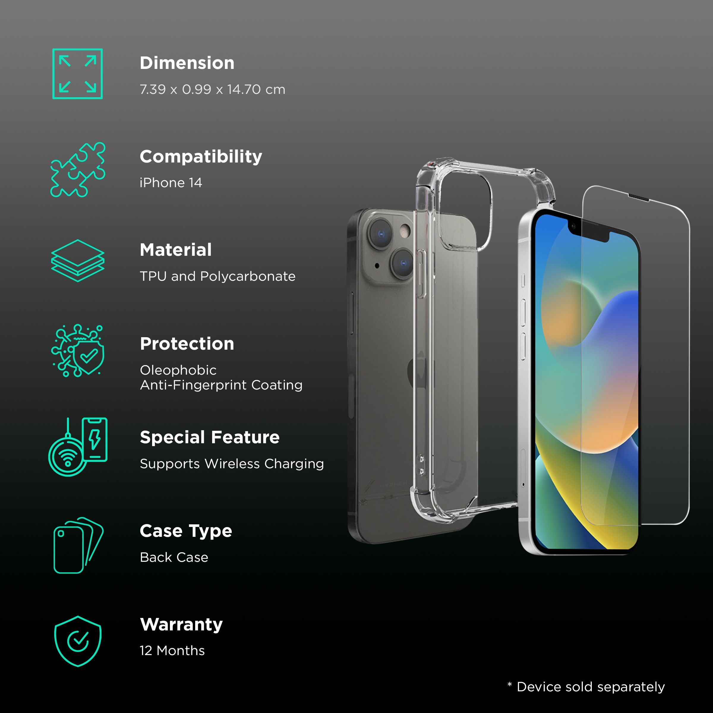 HYPHEN Duro Tempered Glass & TPU, Polycarbonate Back Cover Combo for Apple iPhone 14 (Wireless Charging Compatible, Clear)_2