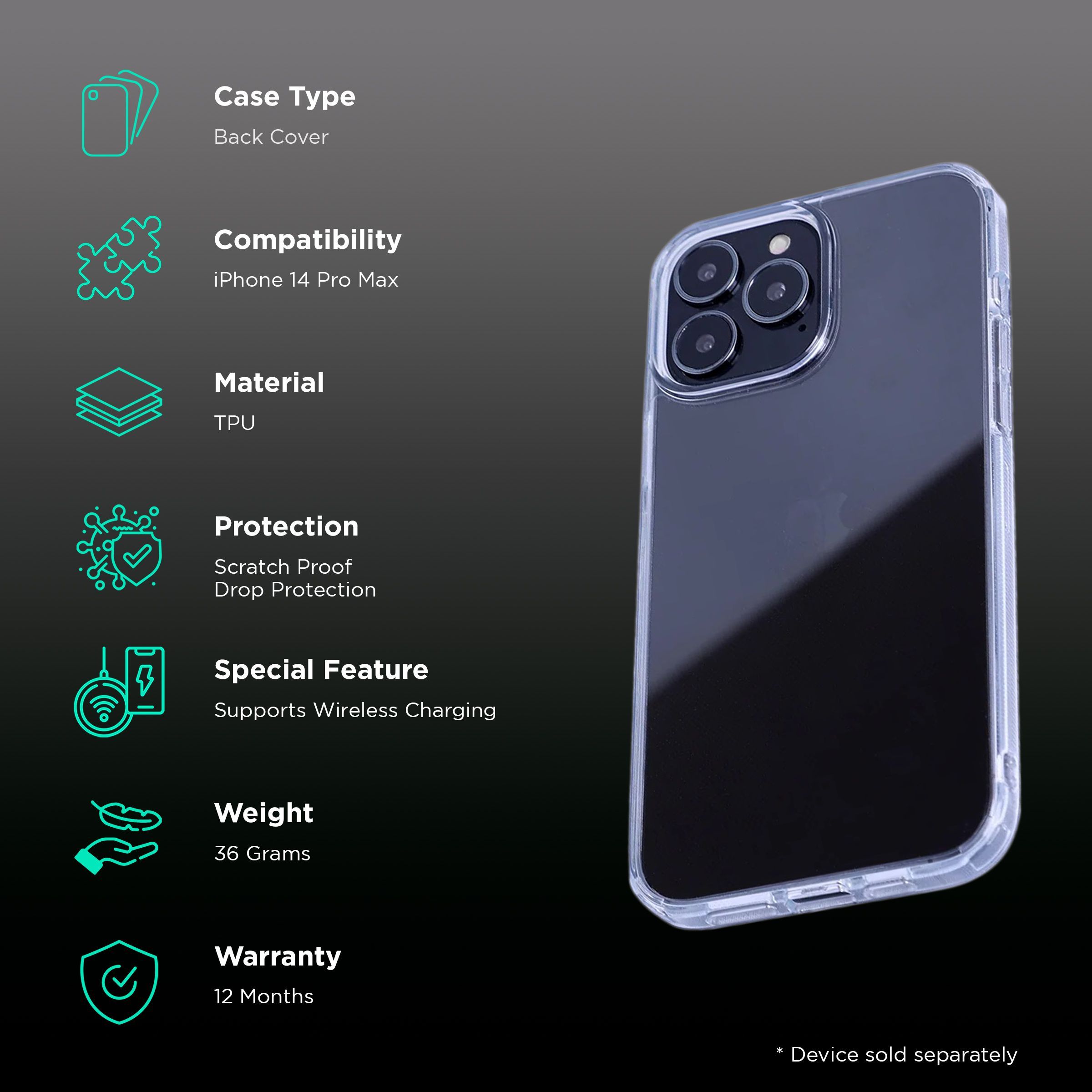 QUIX TPU Back Cover for Apple iPhone 14 Pro Max (Supports Wireless Charging, Clear)_2