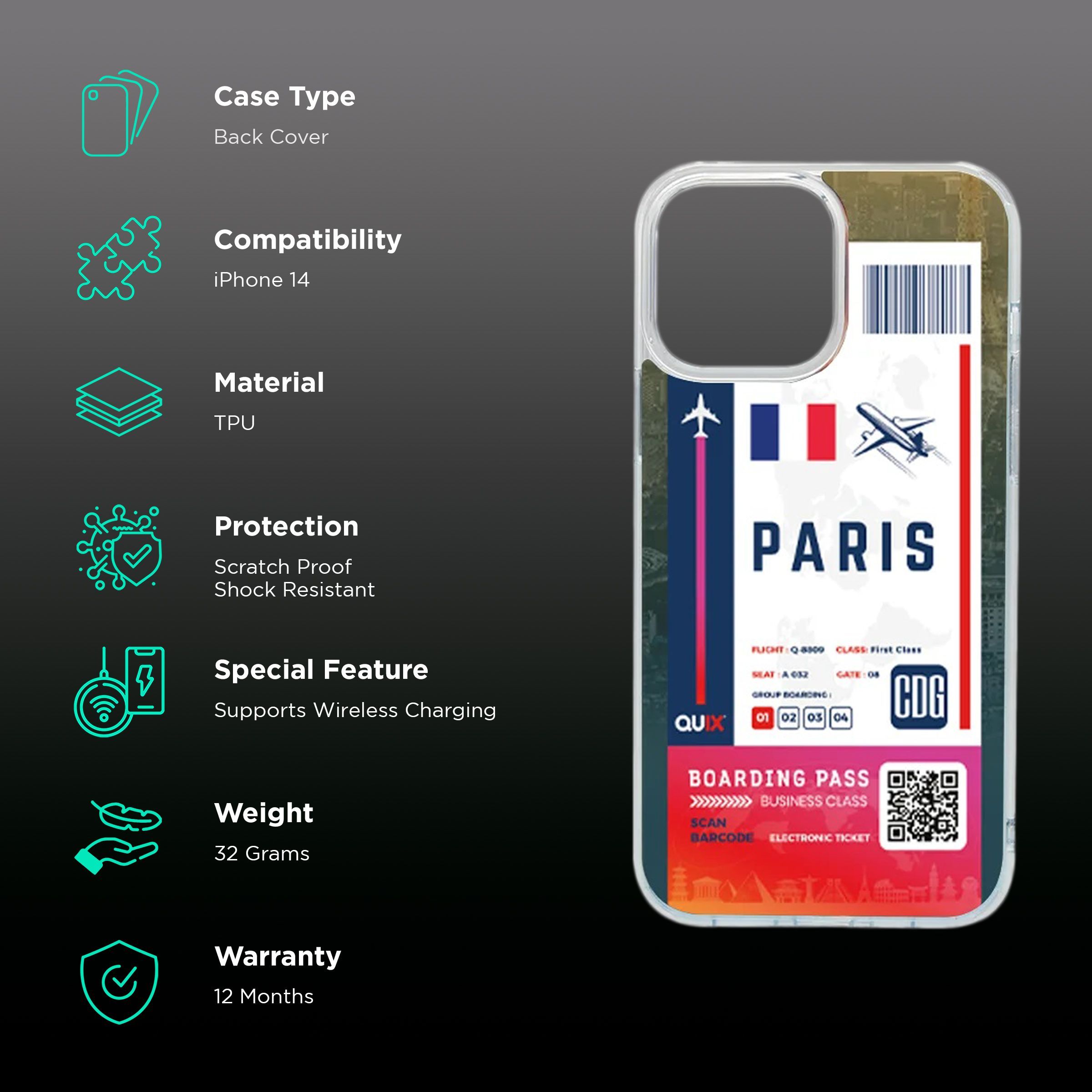 QUIX Paris Boarding Pass Soft TPU Back Cover for Apple iPhone 14 (Supports Wireless Charging, Multi Color) QUIX Paris Boarding Pass Soft TPU Back Cover for Apple iPhone 14 (Supports Wireless Charging, Multi Color)_2