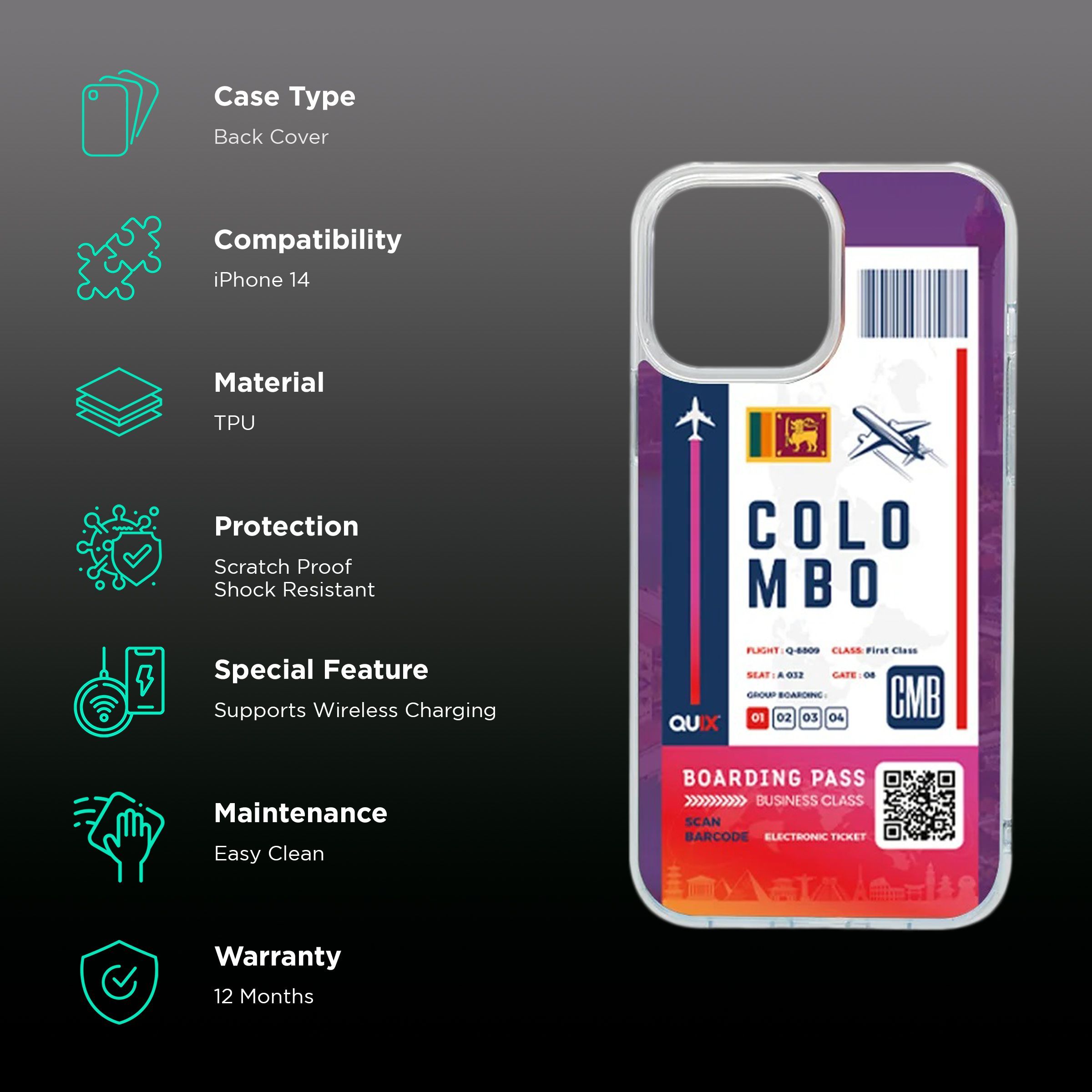 QUIX Colombo Boarding Pass TPU Back Cover for Apple iPhone 14 (Supports Wireless Charging, Multi Color)_2