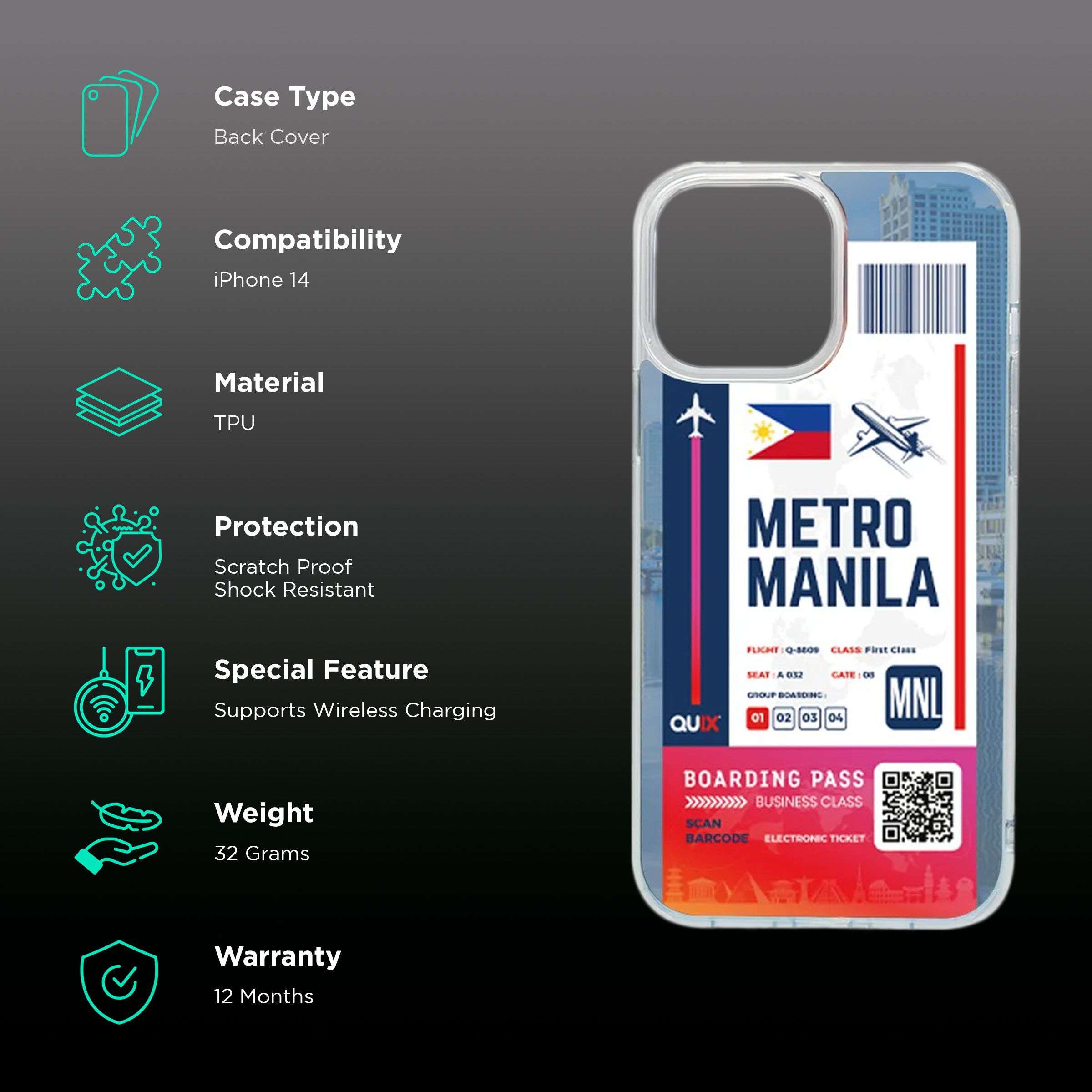 QUIX Metro Manila Boarding Pass Soft TPU Back Cover for Apple iPhone 14 (Supports Wireless Charging, Multi Color)_2