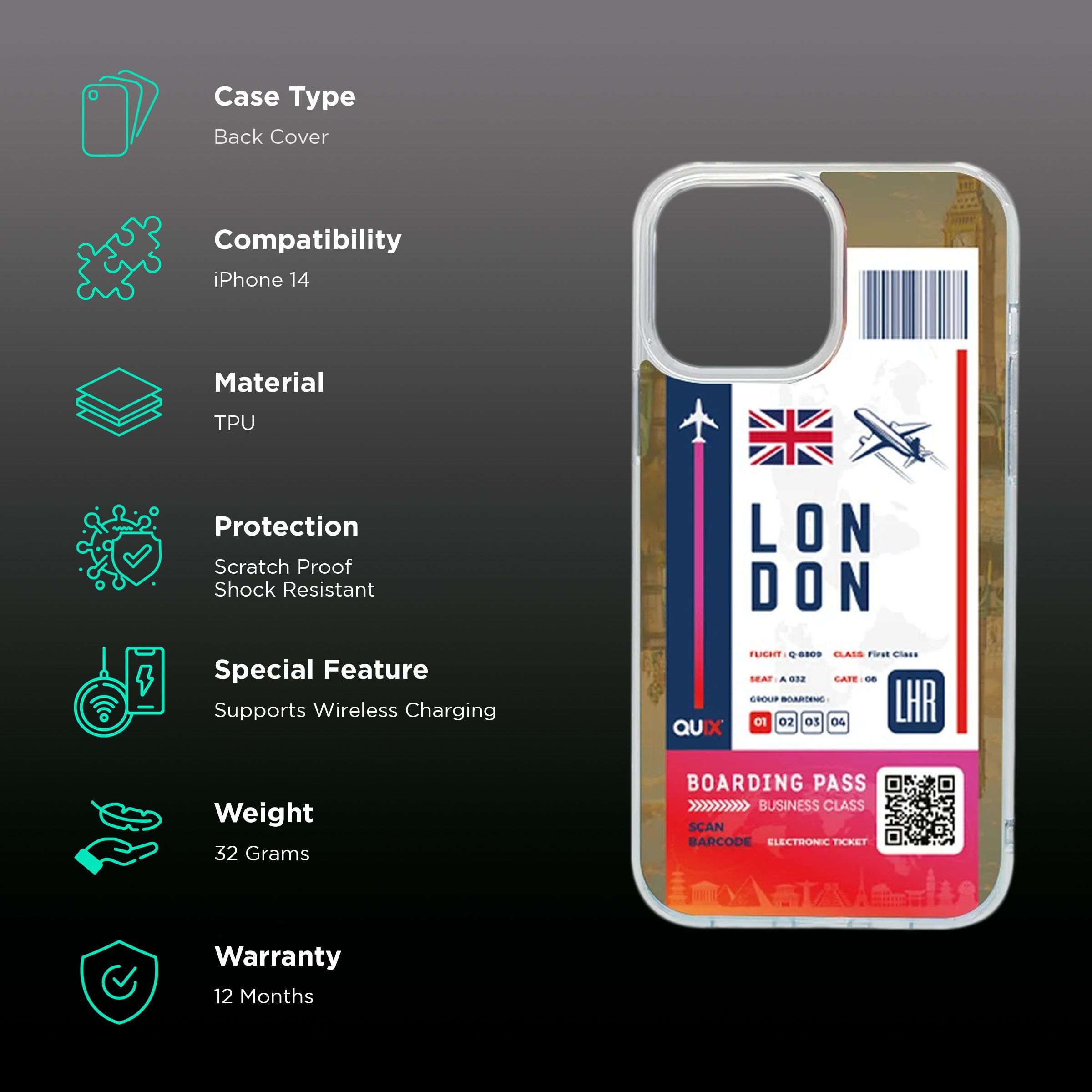 QUIX London Boarding Pass TPU Back Cover for Apple iPhone 14 (Supports Wireless Charging, Multi Color)_2
