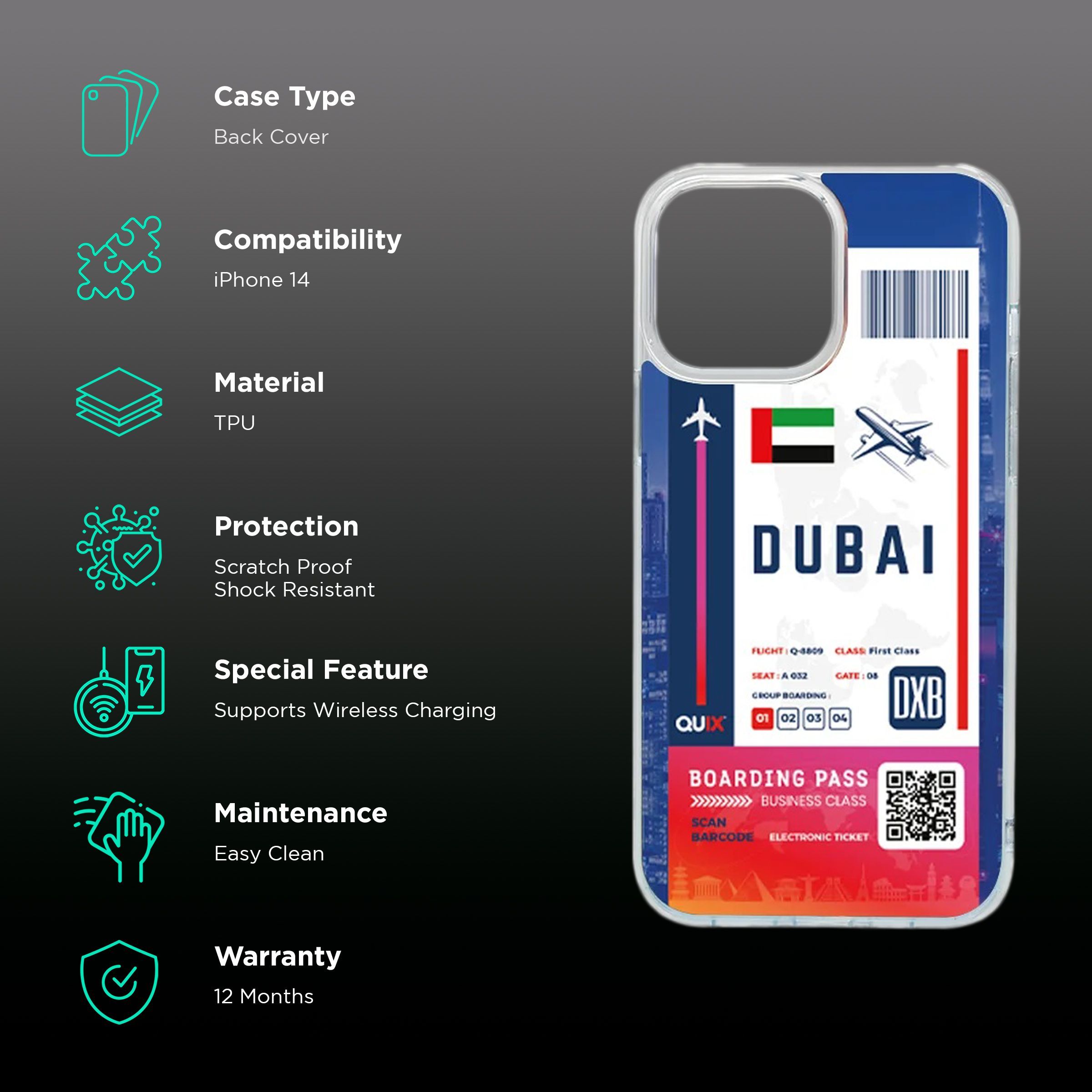 QUIX Dubai Boarding Pass TPU Back Cover for Apple iPhone 14 (Supports Wireless Charging, Multi Color)_2
