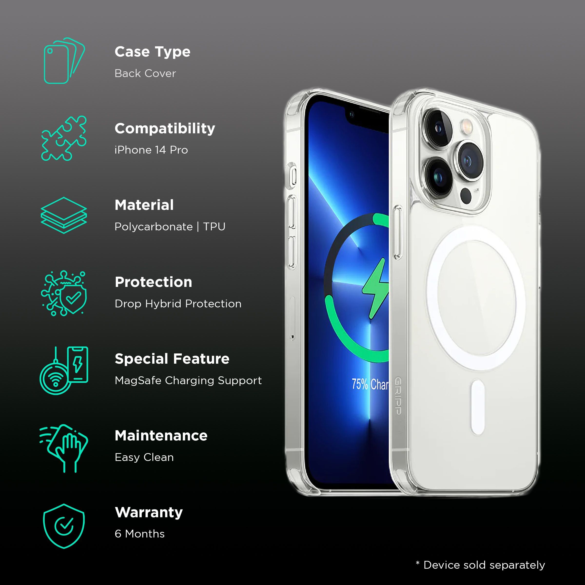 GRIPP GR-IPH14P-MCLR Hard Polycarbonate & TPU Back Cover for Apple iPhone 14 Pro (MagSafe Charging Support, Clear White)_2