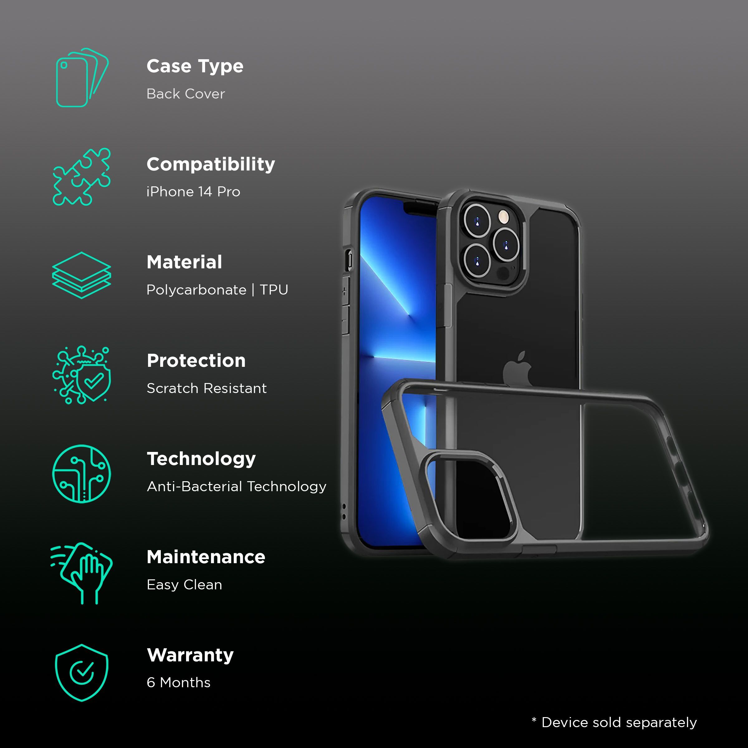 GRIPP Defender Hard Polycarbonate & TPU Back Cover for Apple iPhone 14 Pro (Drop Protection, Black)_2