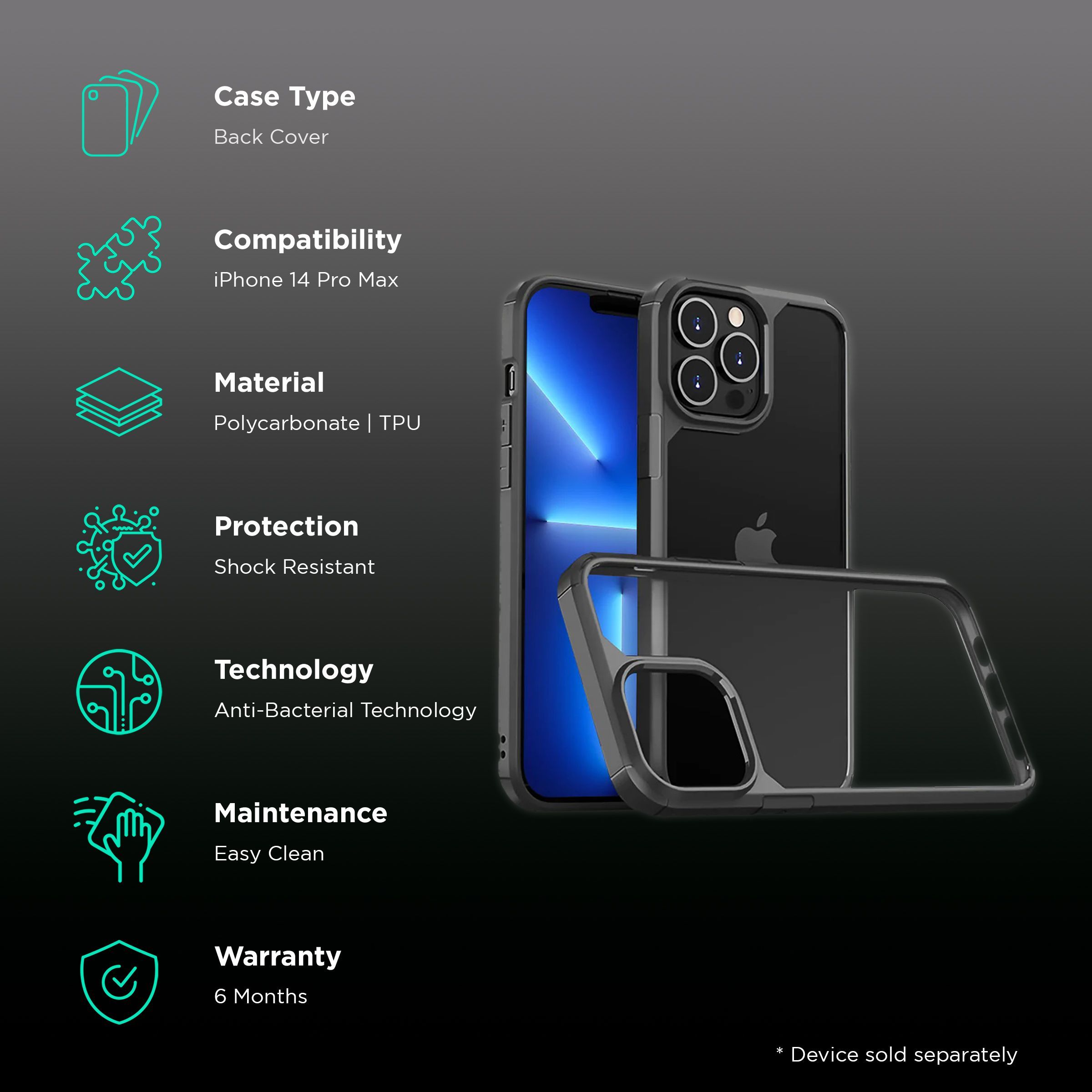 GRIPP Defender Hard Polycarbonate & TPU Back Cover for Apple iPhone 14 Pro Max (Supports Wireless Charging, Black)_2