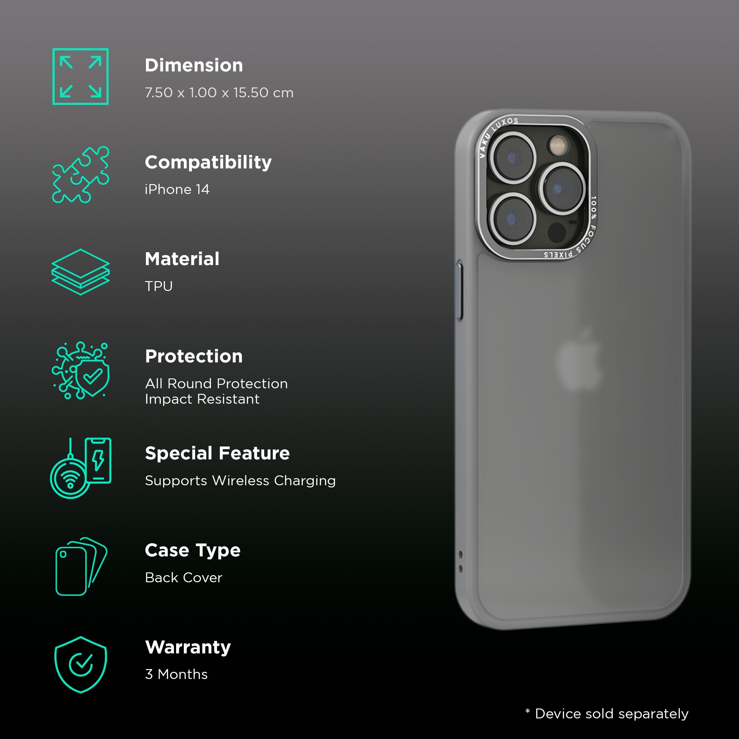 Vaku Trans Armor TPU Back Cover for Apple iPhone 14 (Supports Wireless Charging, Grey)_2