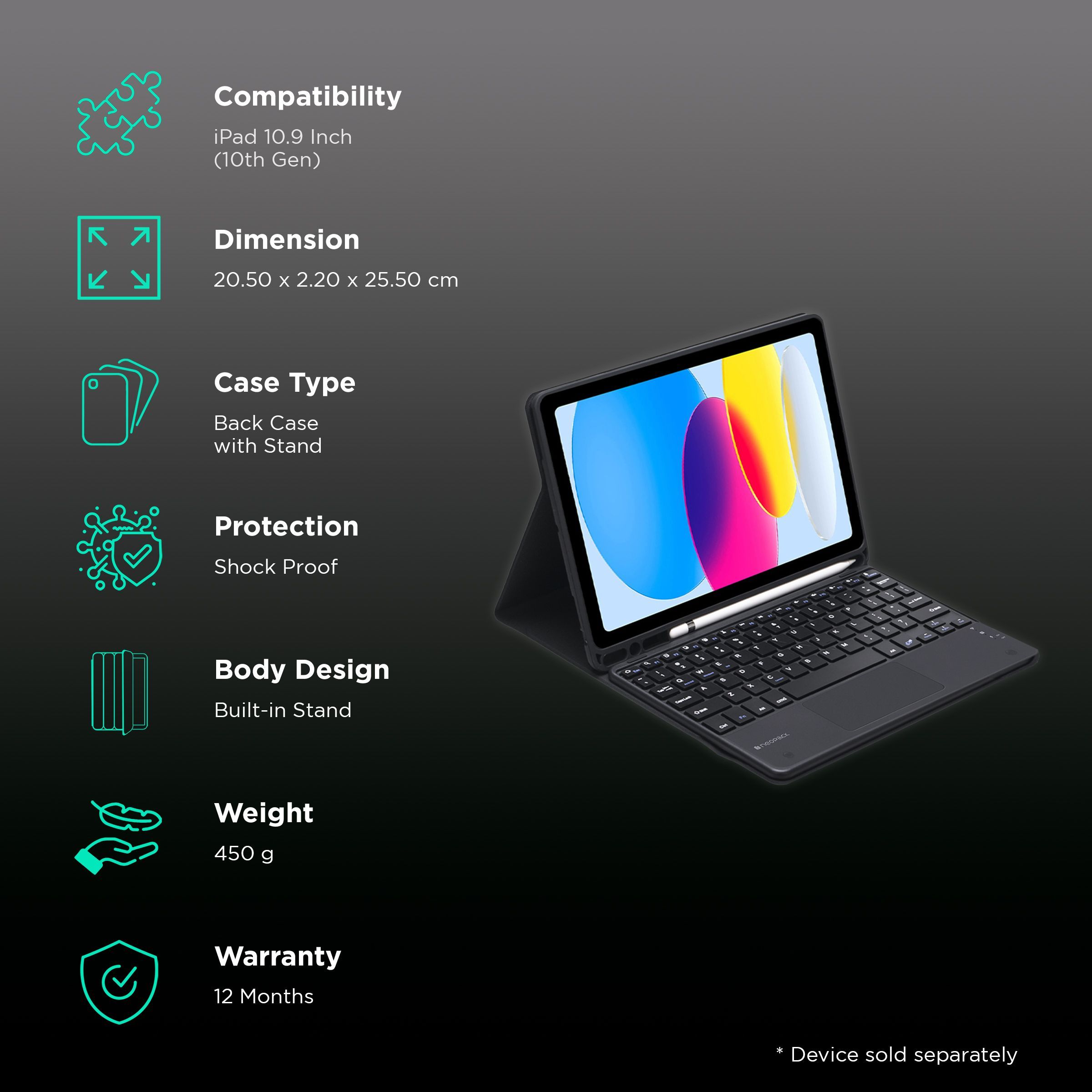 neopack Bluetooth Keyboard Case for Apple iPad 10.9 Inch (10th Gen) with Trackpad (Built-in Magnetic Kick-Stand, Black)_2