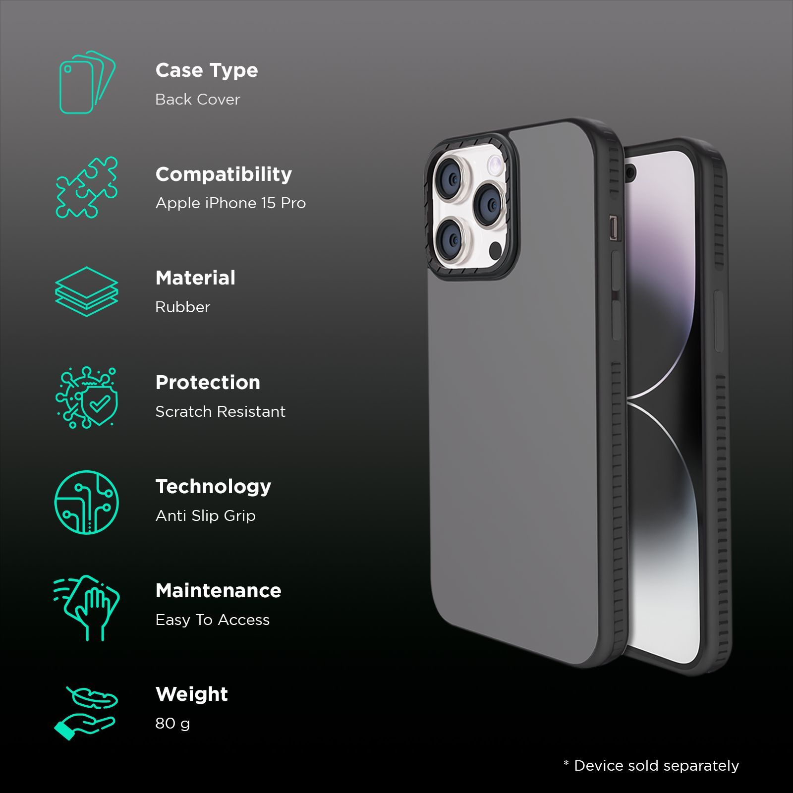 GRIPP Alpine Rubber Back Cover for Apple iPhone 15 Pro (Scratch Protection, Black)_2